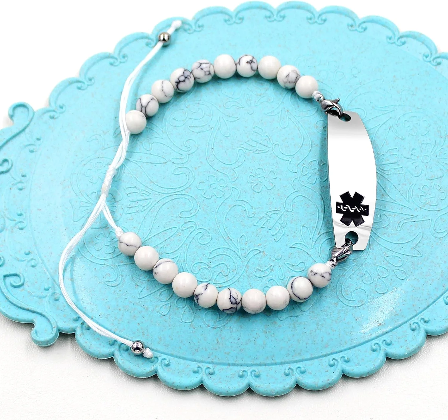 دستبند استیل ضد زنگ فیروزه ای سفید با قابلیت تنظیم، مناسب برای هشدارهای پزشکی و پرستاران در شرایط اضطراری | دارای پلاک شناسایی پزشکی قابل تعویض با علامت پزشکی مشکی | حکاکی شده برای صرع، دیابت نوع 1 و 2، رقیق کننده خون دستبند استیل ضد زنگ فیروزه ای سفید با قابلیت تنظیم، مناسب برای هشدارهای پزشکی و پرستاران در شرایط اضطراری | دارای پلاک شناسایی پزشکی قابل تعویض با علامت پزشکی مشکی | حکاکی شده برای صرع، دیابت نوع 1 و 2، رقیق کننده خون