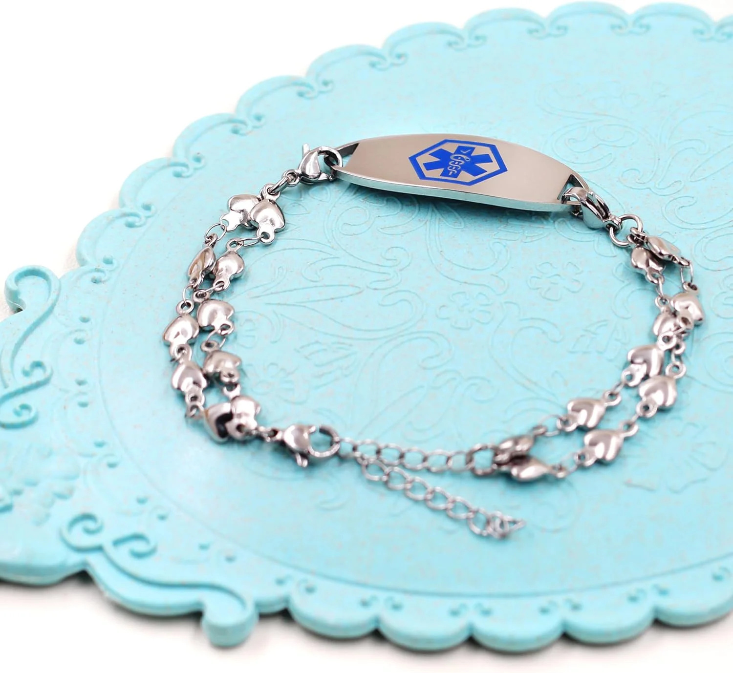 دستبند پرستاری استیل ضد زنگ دولایه طرح قلب | پلاک شناسایی پزشکی خرچنگی قابل تعویض با نماد پزشکی آبی | حکاکی شده صرع، دیابت نوع 1 و 2، رقیق کننده خون دستبند پرستاری استیل ضد زنگ دولایه طرح قلب | پلاک شناسایی پزشکی خرچنگی قابل تعویض با نماد پزشکی آبی | حکاکی شده صرع، دیابت نوع 1 و 2، رقیق کننده خون