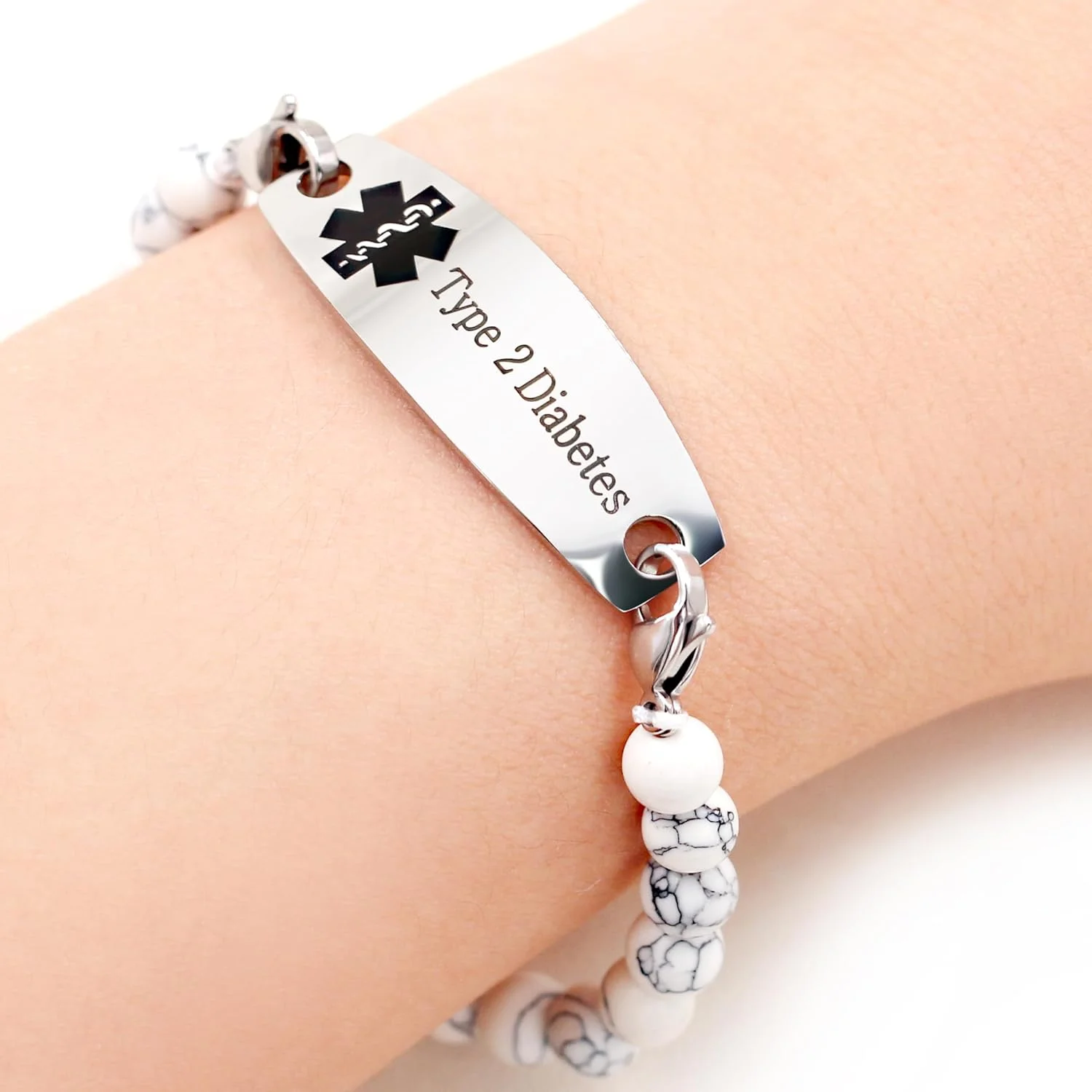 دستبند استیل ضد زنگ با فیروزه سفید، هشدار پزشکی قابل تنظیم، مناسب پرستاران | دارای پلاک شناسایی پزشکی قابل تعویض با علامت پزشکی مشکی | حکاکی شده برای صرع، دیابت نوع 1 و 2، رقیق کننده خون دستبند استیل ضد زنگ با فیروزه سفید، هشدار پزشکی قابل تنظیم، مناسب پرستاران | دارای پلاک شناسایی پزشکی قابل تعویض با علامت پزشکی مشکی | حکاکی شده برای صرع، دیابت نوع 1 و 2، رقیق کننده خون