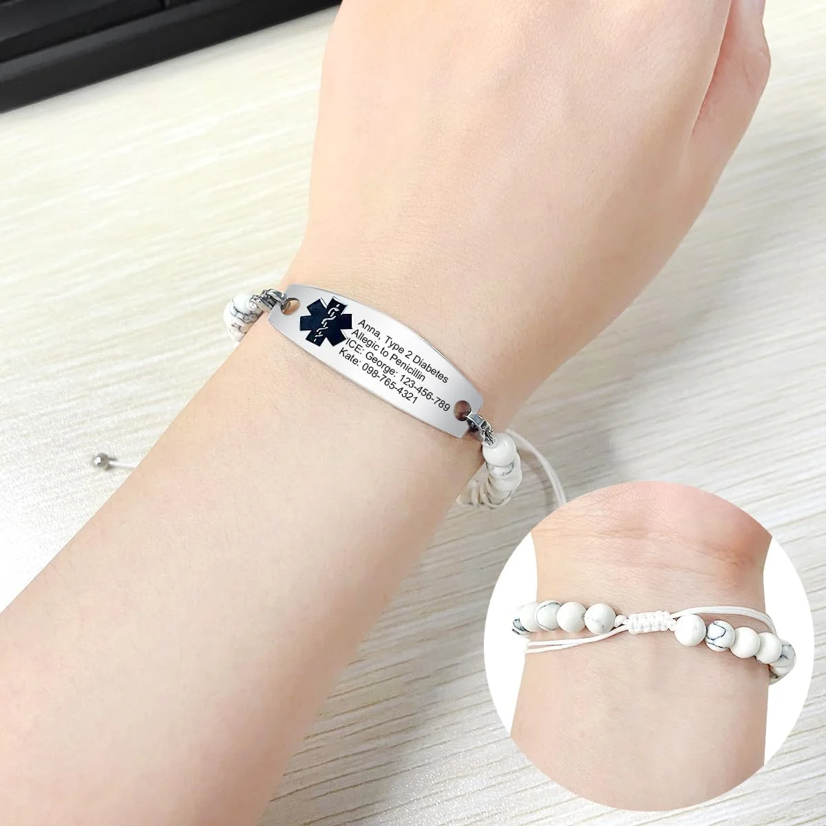 دستبند استیل ضد زنگ با فیروزه سفید، هشدار پزشکی قابل تنظیم، مناسب پرستاران | دارای پلاک شناسایی پزشکی قابل تعویض با علامت پزشکی مشکی | حکاکی شده برای صرع، دیابت نوع 1 و 2، رقیق کننده خون دستبند استیل ضد زنگ با فیروزه سفید، هشدار پزشکی قابل تنظیم، مناسب پرستاران | دارای پلاک شناسایی پزشکی قابل تعویض با علامت پزشکی مشکی | حکاکی شده برای صرع، دیابت نوع 1 و 2، رقیق کننده خون