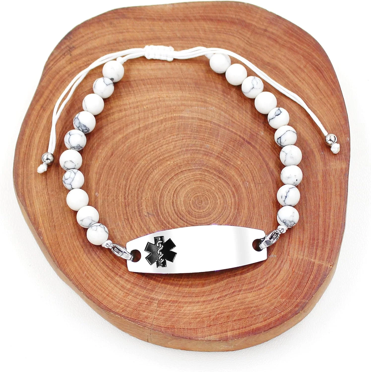 دستبند استیل ضد زنگ با فیروزه سفید، هشدار پزشکی قابل تنظیم، مناسب پرستاران | دارای پلاک شناسایی پزشکی قابل تعویض با علامت پزشکی مشکی | حکاکی شده برای صرع، دیابت نوع 1 و 2، رقیق کننده خون دستبند استیل ضد زنگ با فیروزه سفید، هشدار پزشکی قابل تنظیم، مناسب پرستاران | دارای پلاک شناسایی پزشکی قابل تعویض با علامت پزشکی مشکی | حکاکی شده برای صرع، دیابت نوع 1 و 2، رقیق کننده خون