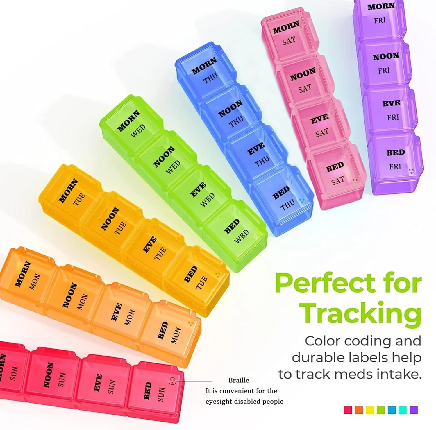 جعبه قرص پزشکی، یک جعبه قرص هفتگی برای 7 روز، طراحی شده برای مصرف قرص 4 بار در روز، با روغن ماهی/ویتامین ها در 7 رنگ و 28 محفظه (2 عدد)