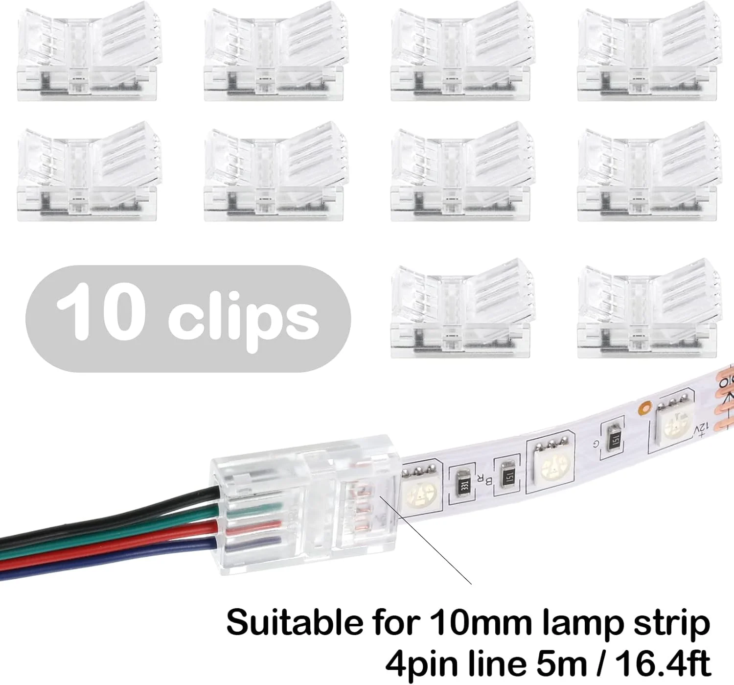 اتصال دهنده نوار LED بدون لحیم کاری Flutesan، بسته 10 عددی، اتصال دهنده های نورپردازی مسیر شفاف، نوارهای سیم، نوار LED 16.4 فوتی برای اتصال دهنده پین LED (سبک یکپارچهسازی با سیستمعامل، 4 پین، 10 میلی متر)