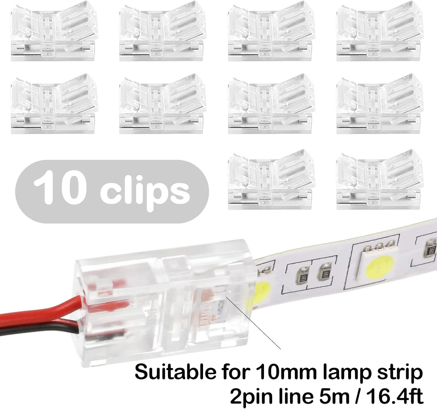 اتصالات نوار LED بدون لحیم کاری Flutesan، بسته 10 عددی، اتصالات نورپردازی ریلی شفاف، چراغ های نوار سیمی، نوار LED 16.4 فوتی برای اتصال پین LED (سبک شیک، 2 پین، 10 میلی متر)