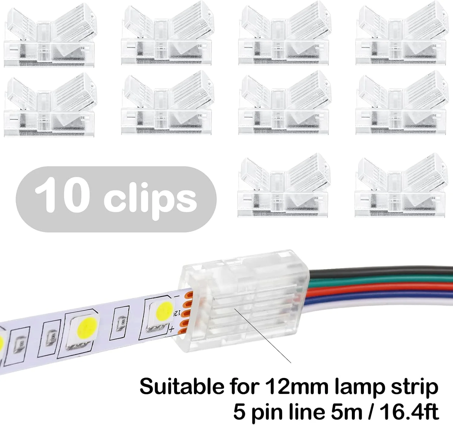 اتصالات نوار LED بدون لحیم کاری Flutesan، بسته 10 عددی، اتصالات نورپردازی مسیر شفاف، نوارهای سیمی، نوار LED 5 متری برای اتصال پین LED (مدل کلاسیک، 5 پین، 12 میلی متر)