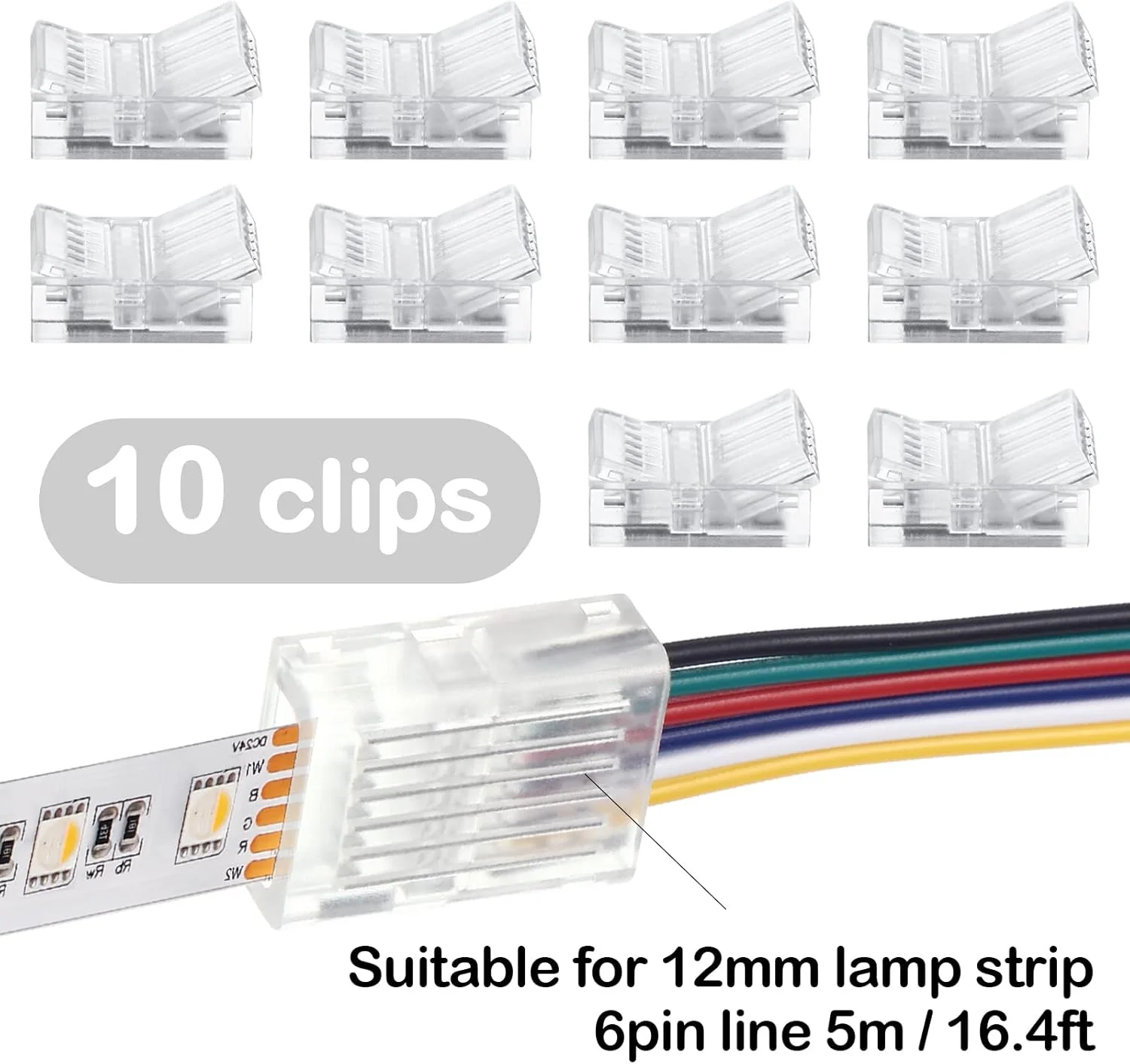 اتصالات نوار LED بدون لحیم کاری Flutesan، بسته 10 عددی، اتصالات نورپردازی ریلی شفاف، چراغ های نوار سیمی، نوار LED 5 متری برای اتصال پین LED (6 پین، 12 میلی متر)