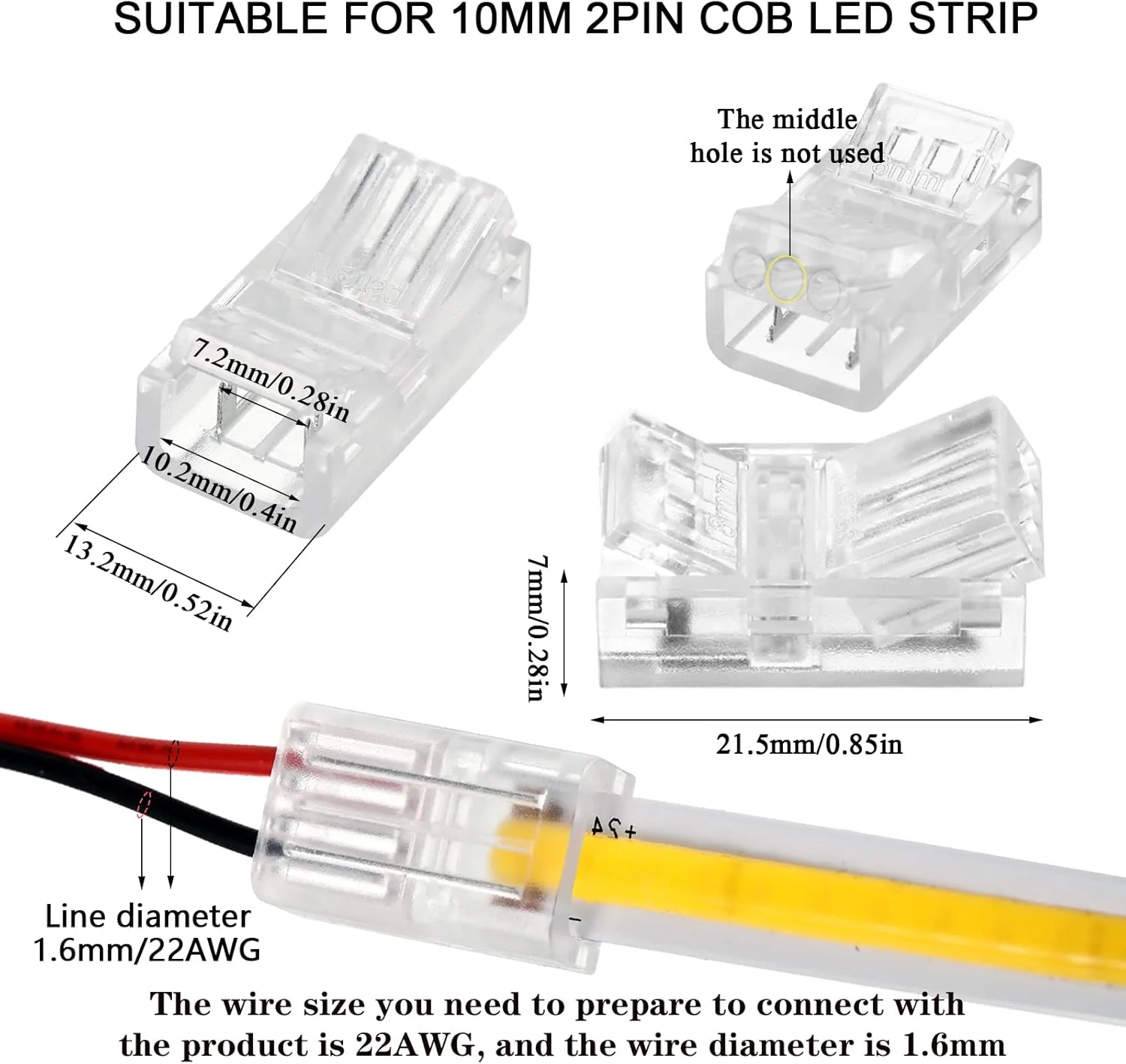 اتصال دهنده نوار LED COB فلوتسان به سیم، 20 عدد، آداپتورهای LED ضد آب، اتصال دهنده های شفاف بدون لحیم کاری نوار نور LED برای نورپردازی مسیر بدون سیم و بدون شکاف (2 پین، 10 میلی متر)