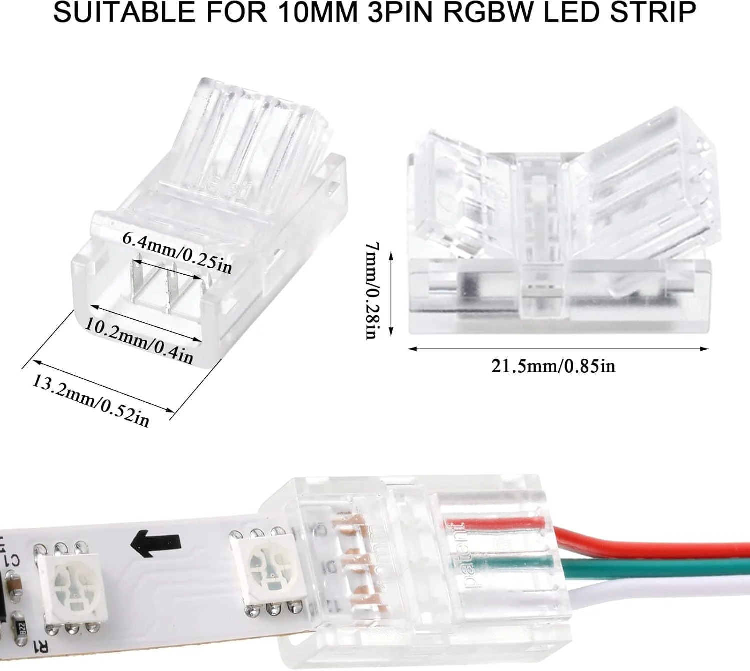 اتصالات نوار LED بدون لحیم کاری Flutesan، بسته 10 عددی، اتصالات نورپردازی مسیر شفاف، نوارهای سیمی، نوار LED 16.4 فوتی برای اتصال پین LED (استایل زیبا، 3 پین، 10 میلی متر)