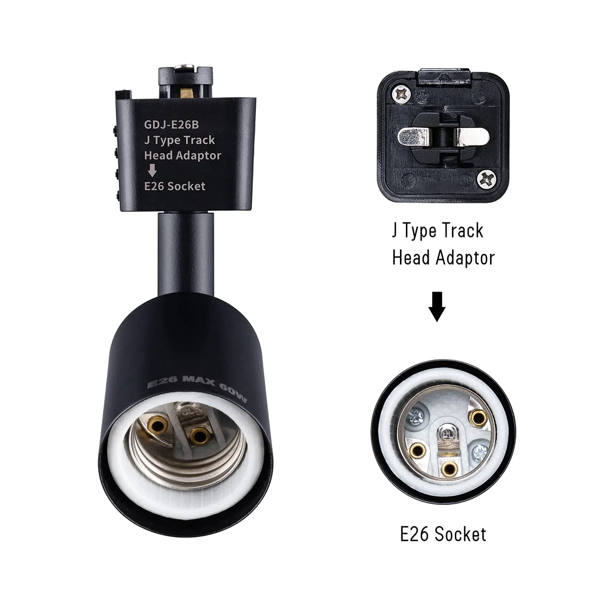 تبدیل چراغ ریلی نوع J به پایه پیچی متوسط E26 با قابلیت تنظیم جهت نور، بسته 3 عددی (مشکی)