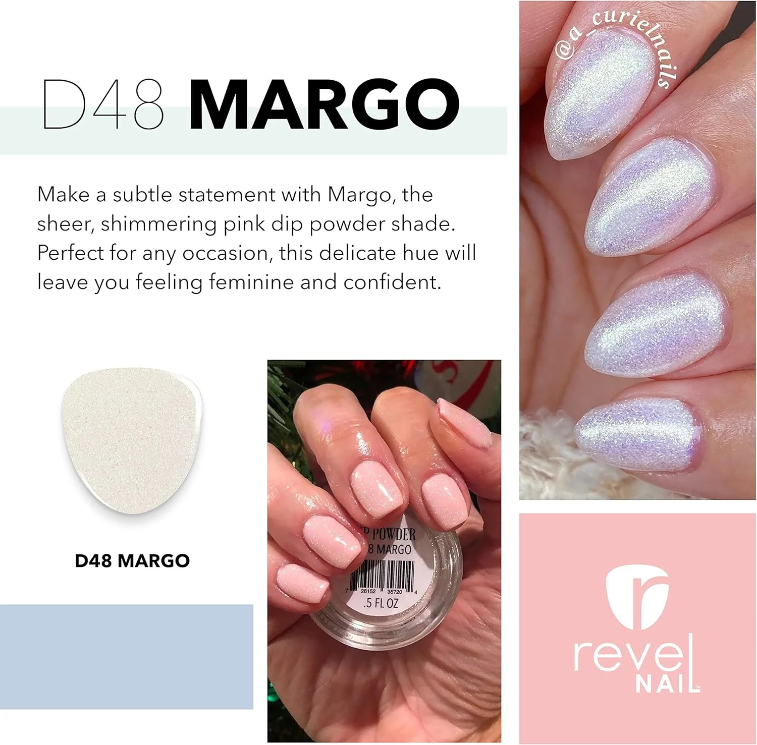 پودر دیپ ناخن Revel Nail - پودر درخشان برای ناخن، دیپ شفاف برای ناخن های DIY، پودر دیپ حرفه ای ناخن، لوازم طراحی ناخن - Margo، 1 اونس