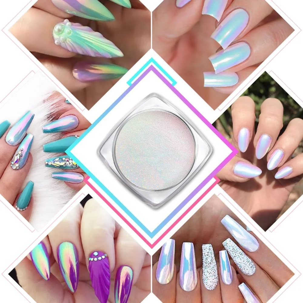 پودر ناخن کروم مرواریدی DRMODE - پودر سفید رنگین کمانی تک شاخ با جلوه نئون پری دریایی، گرد و غبار رنگدانه ای چند رنگی اپال آرورا