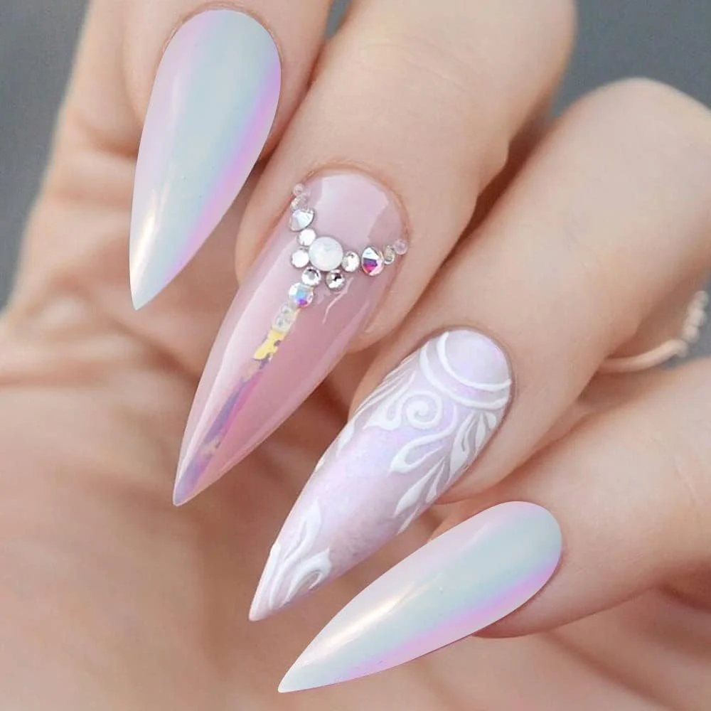 پودر ناخن کروم مرواریدی DRMODE - پودر سفید رنگین کمانی تک شاخ با جلوه نئون پری دریایی، گرد و غبار رنگدانه ای چند رنگی اپال آرورا