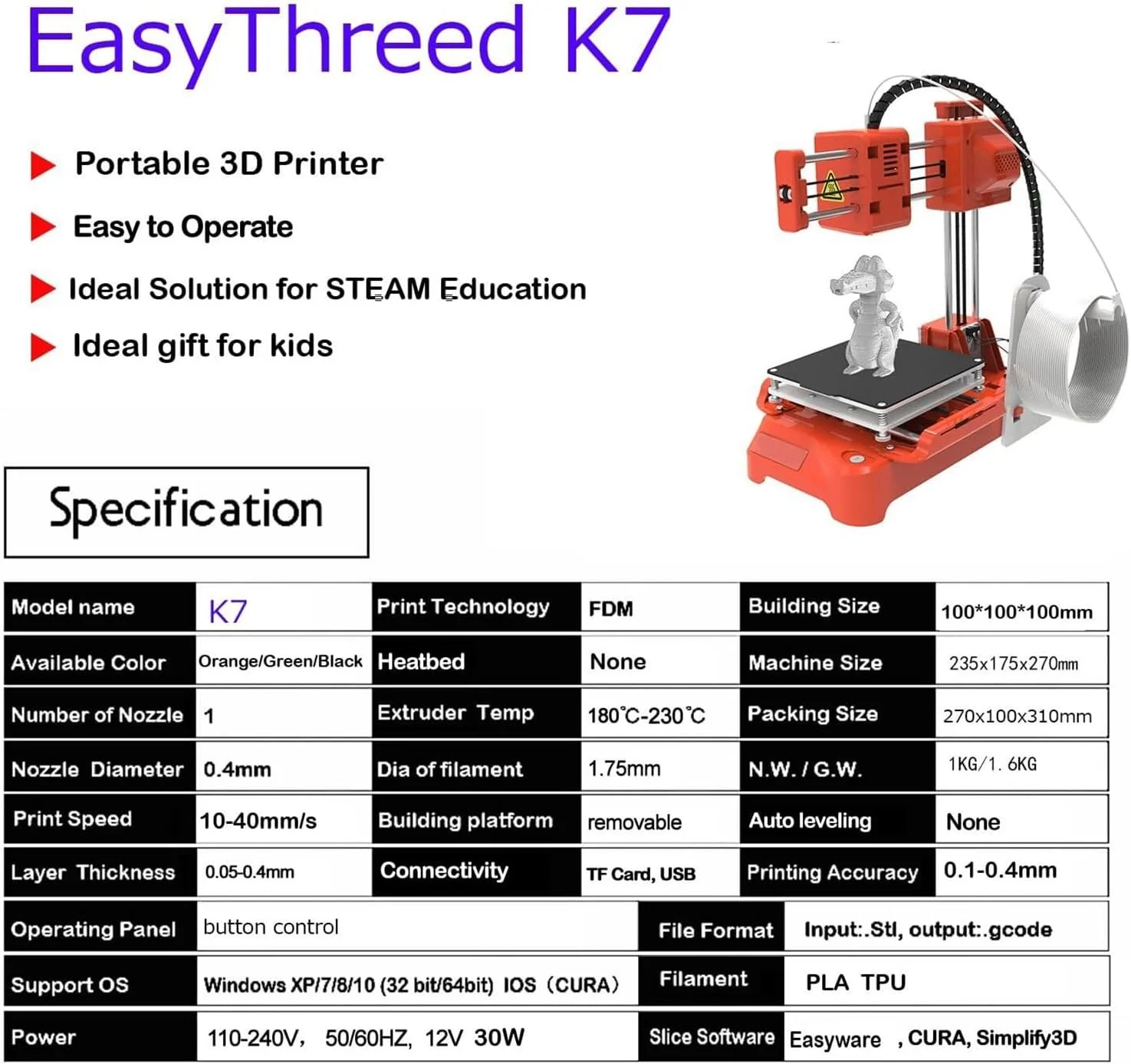پرینتر سه بعدی مینی برای کودکان، پرینتر سه بعدی رومیزی مینی با 5 متر مواد مصرفی، اندازه چاپ 100X100X100 میلی متر، پرینتر بدون نیاز به تراز برای مبتدیان، کودکان، آموزش دانش آموزی (نارنجی)