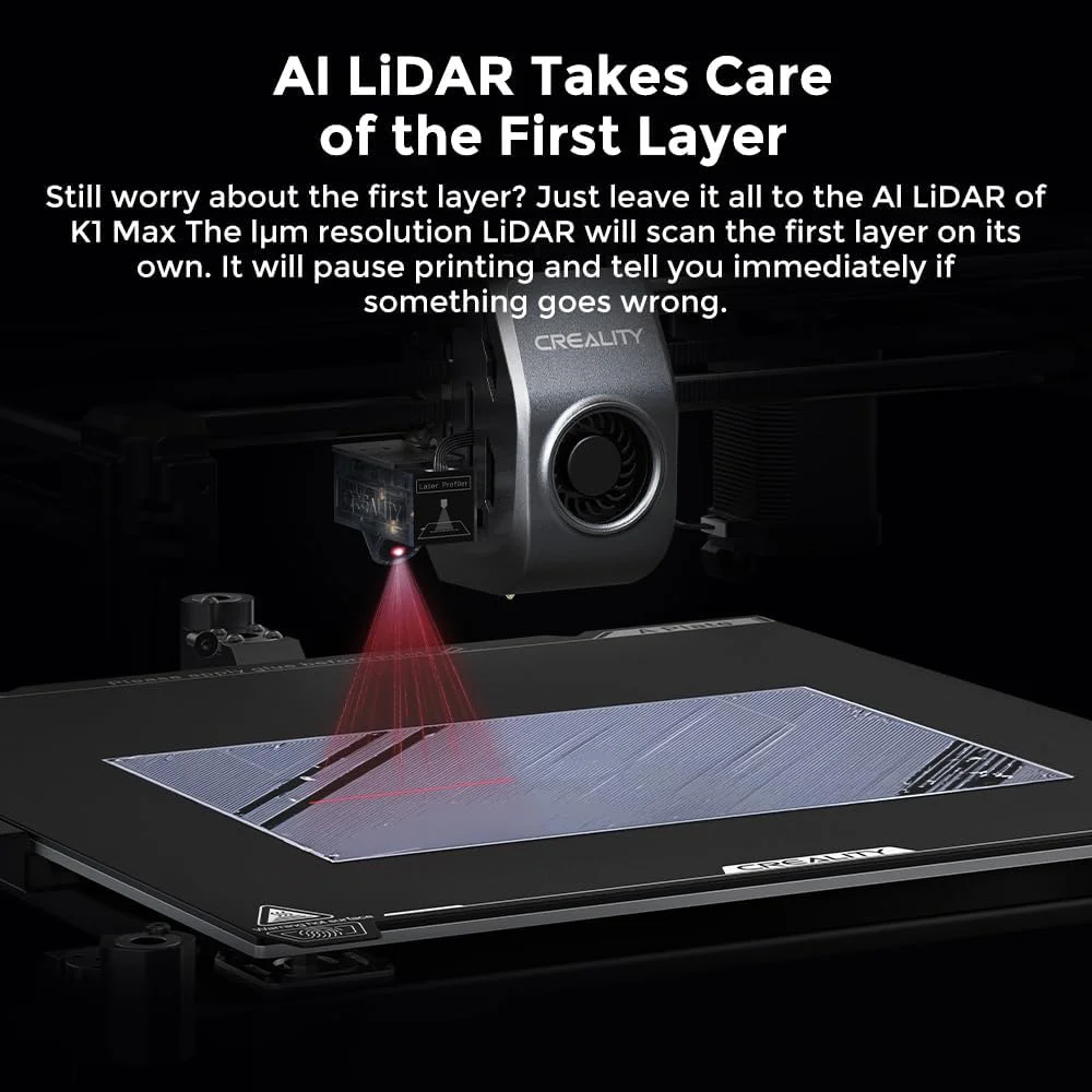 پرینتر سه بعدی Creality K1 Max با قابلیت هوش مصنوعی، سرعت چاپ 600mm/s، شتاب 20000mm/s²، ساختار Core XY، حجم ساخت بزرگ 300*300*300mm، تراز خودکار، اکسترودر دو دنده