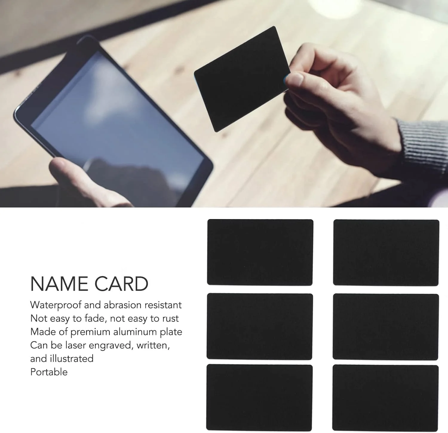 50 عدد کارت ویزیت حکاکی شده، کارت ویزیت آلومینیومی، کارت ویزیت برای شرکت، فنجان و نعلبکی (مشکی)