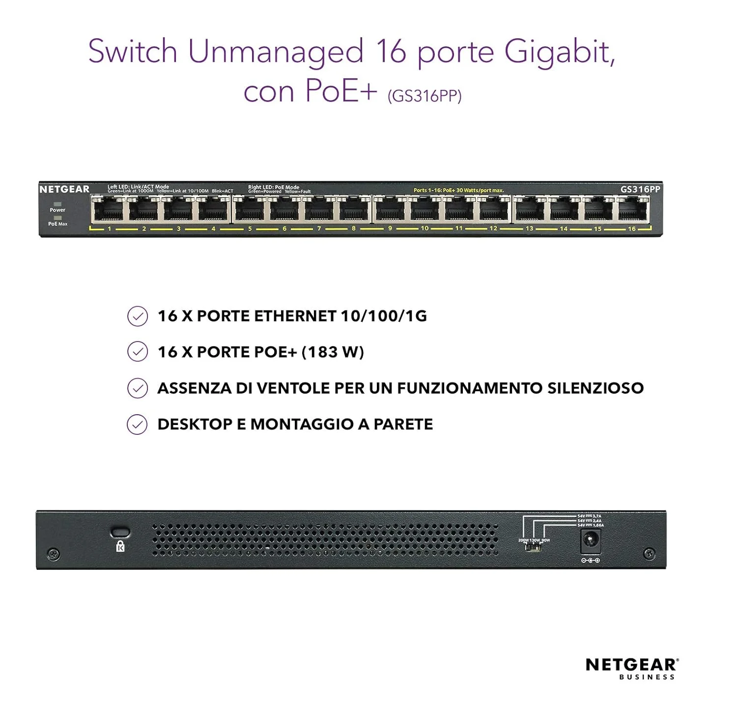 سوئیچ غیر مدیریتی 16 پورت گیگابیتی اترنت PoE+ نتگیر (GS316PP) - با 24 پورت PoE+ @ 183W، رومیزی/قابل نصب روی دیوار، بدنه فلزی مقاوم سوئیچ غیر مدیریتی 16 پورت گیگابیتی اترنت PoE+ نتگیر (GS316PP) - با 24 پورت PoE+ @ 183W، رومیزی/قابل نصب روی دیوار، بدنه فلزی مقاوم