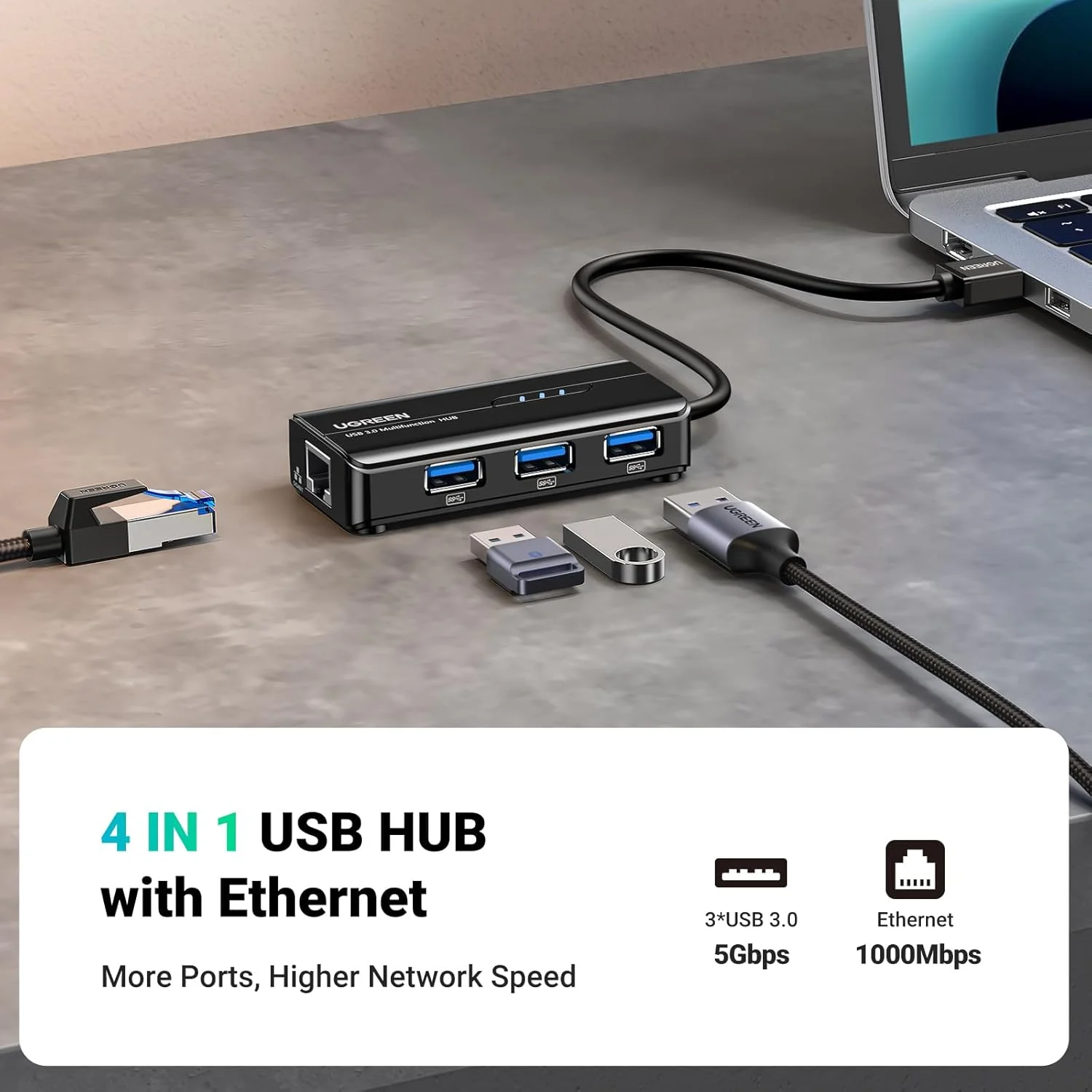 هاب USB 3.0 UGREEN با آداپتور اترنت و 3 پورت USB 3.0، مبدل شبکه گیگابیتی اترنت RJ45 Lan سازگار با MacBook Pro/Air، iMac Pro، Surface، Chromebook، کنسول Switch هاب USB 3.0 UGREEN با آداپتور اترنت و 3 پورت USB 3.0، مبدل شبکه گیگابیتی اترنت RJ45 Lan سازگار با MacBook Pro/Air، iMac Pro، Surface، Chromebook، کنسول Switch