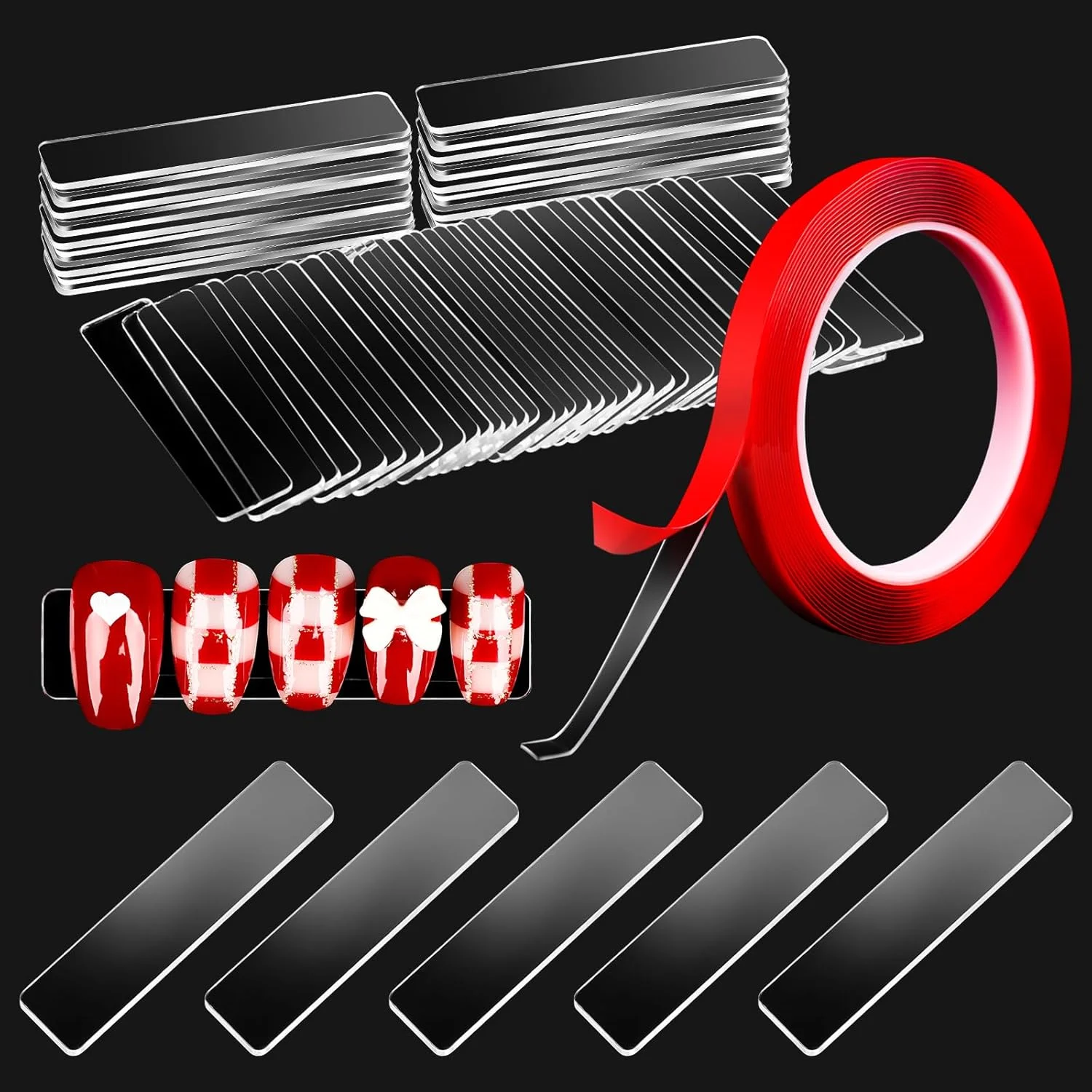 100 عدد پایه نگهدارنده ناخن شفاف با نوار دو طرفه 3 متری، جعبه بسته بندی ناخن برای ناخن های مصنوعی اکریلیک و طراحی ناخن، با نوار چسب جداشدنی برای سالن ناخن