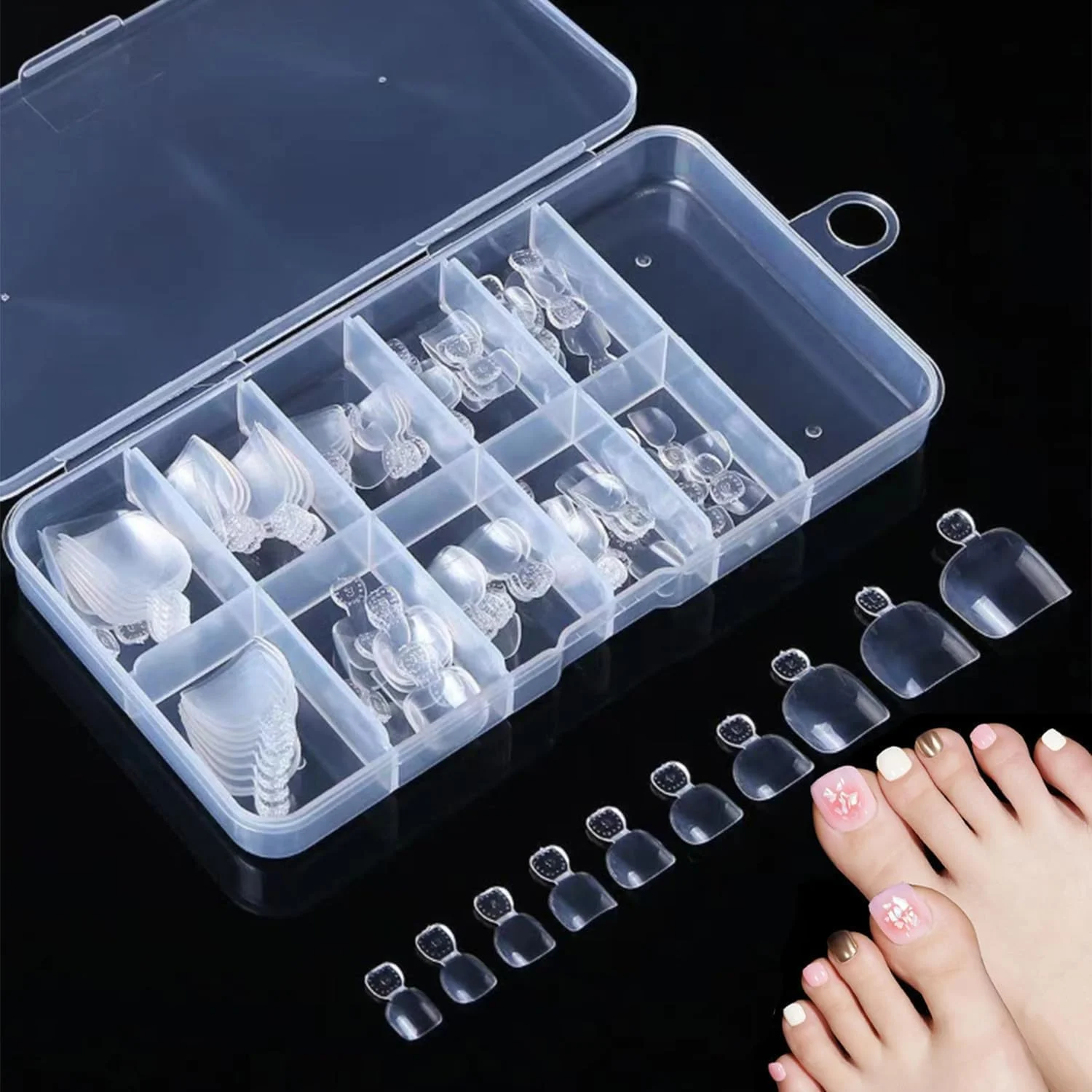 100 عدد ناخن مصنوعی پا، ناخن های مصنوعی، مجموعه ناخن های بلند شفاف پوشش کامل، نوارهای نوک ناخن هنری، کیت اکستنشن ناخن های پا، نوک های کوتاه فرانسوی، اکستنشن های مربعی چسبی برای زنان