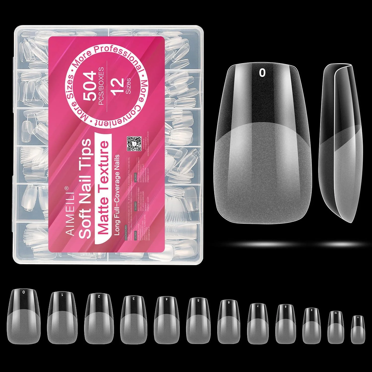 نک ناخن مصنوعی AIMEILI، 504 عدد نوک ناخن مات شفاف تابوتی پوشش کامل برای اکستنشن ناخن، ناخن های مصنوعی اکریلیک با جعبه برای سالن های آرایشی و طراحی ناخن در خانه، 12 سایز-015