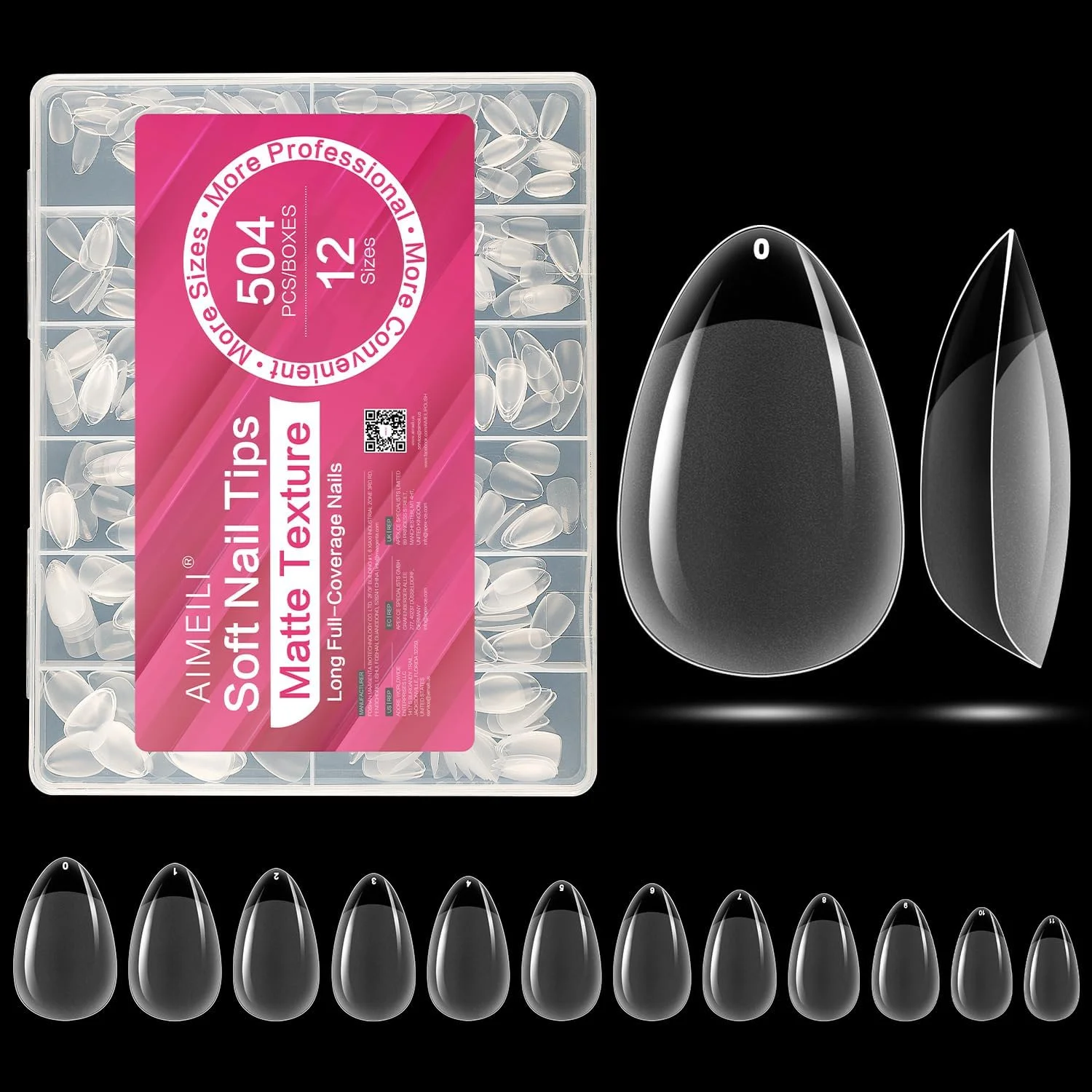 نکات ناخن مصنوعی AIMEILI، بادامی کوتاه 504 عددی، پوشش کامل مات شفاف برای اکستنشن ناخن، ناخن های مصنوعی اکریلیک با جعبه برای سالن آرایش ناخن و DIY خانگی، 12 سایز-010