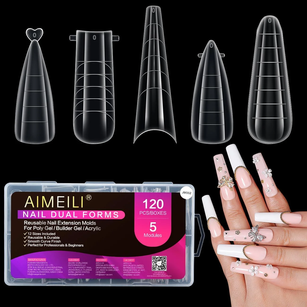 قالب ناخن آیمیلی برای ژل - مجموعه 120 عددی قالب دوگانه، 5 شکل مختلف برای اکستنشن ناخن، تقویت ژل، ست مانیکور برای سالن و استفاده شخصی - 002