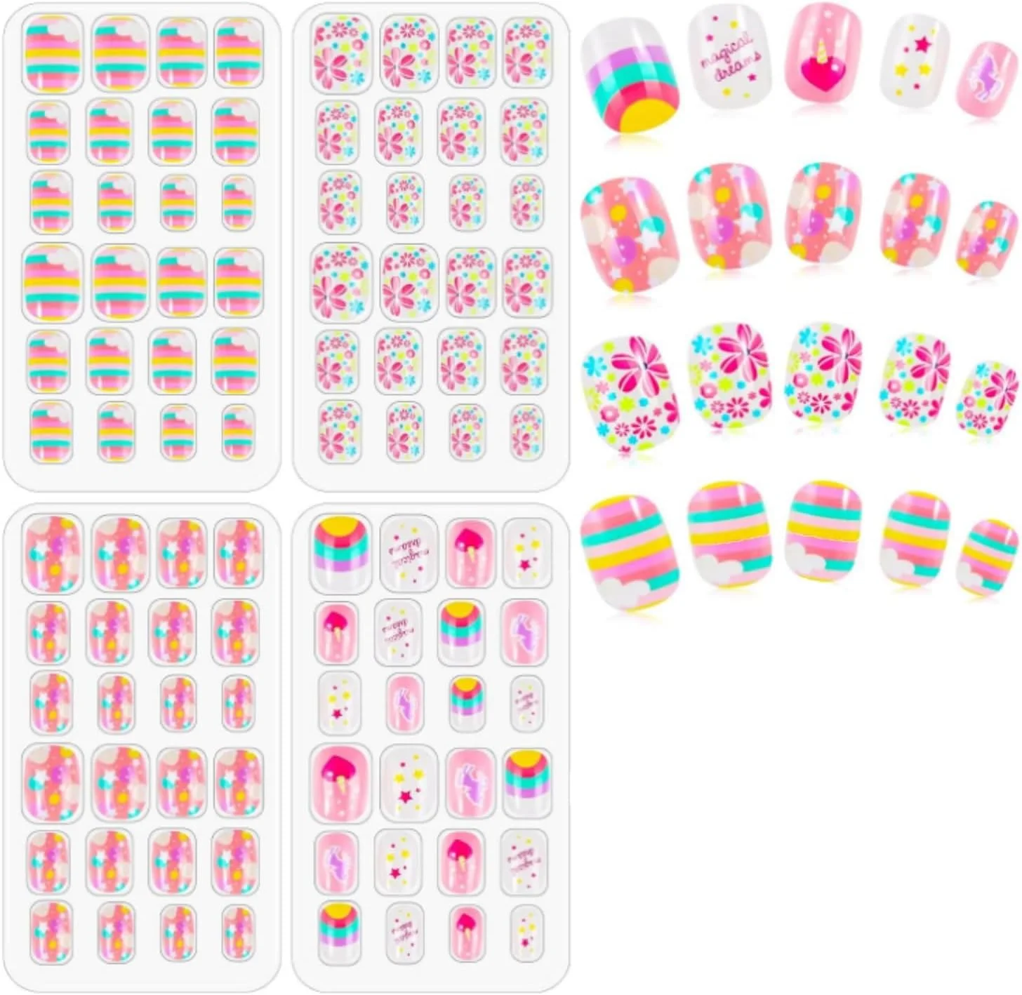 96 عدد ناخن مصنوعی بچگانه یلاجوی، ناخن های کارتونی کوتاه با پوشش کامل، برچسب های ناخن چسب دار برای دختران، تزئینات هنری ناخن کودکان