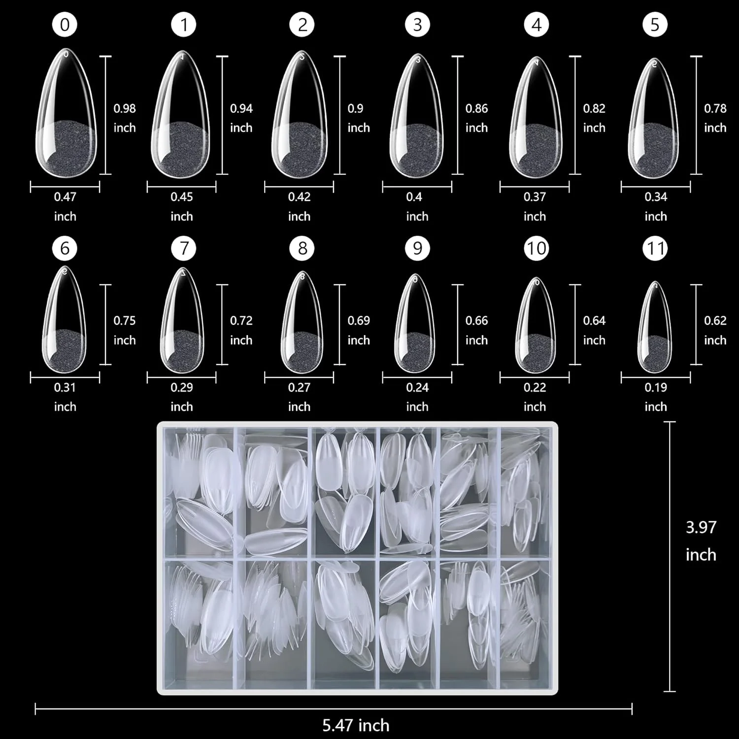 240 عدد تیپ ناخن بادامی، پوشش کامل شفاف، قد متوسط، ناخن مصنوعی بادامی کوتاه، تیپ ناخن ژلی اکریلیک برای سالن و مانیکور ناخن در خانه، 12 سایز