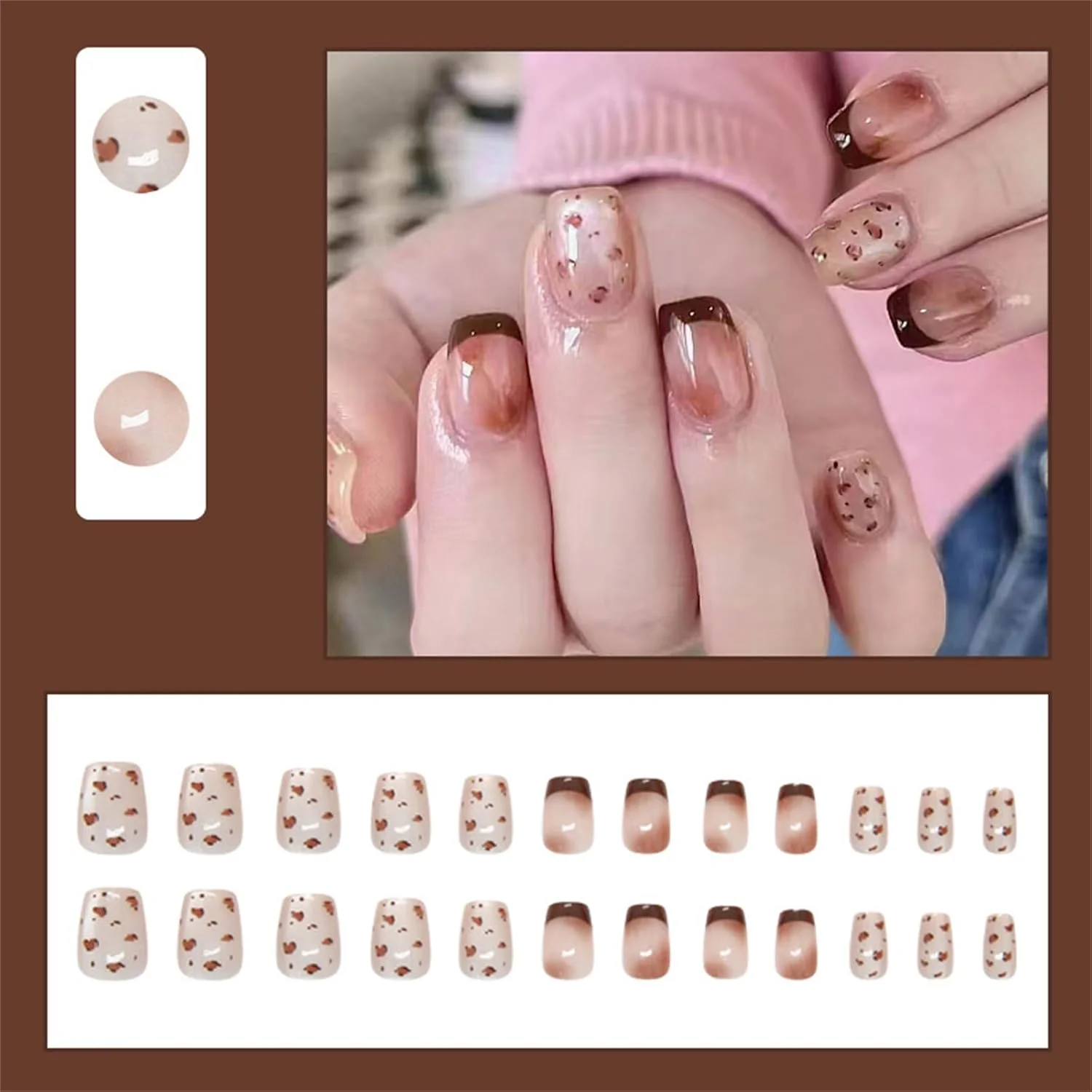 ۲۴ عدد ناخن مصنوعی چسبی طرح چشم گربه ای مناسب فصل پاییز و زمستان با نوک فرانسوی کوتاه برای بانوان