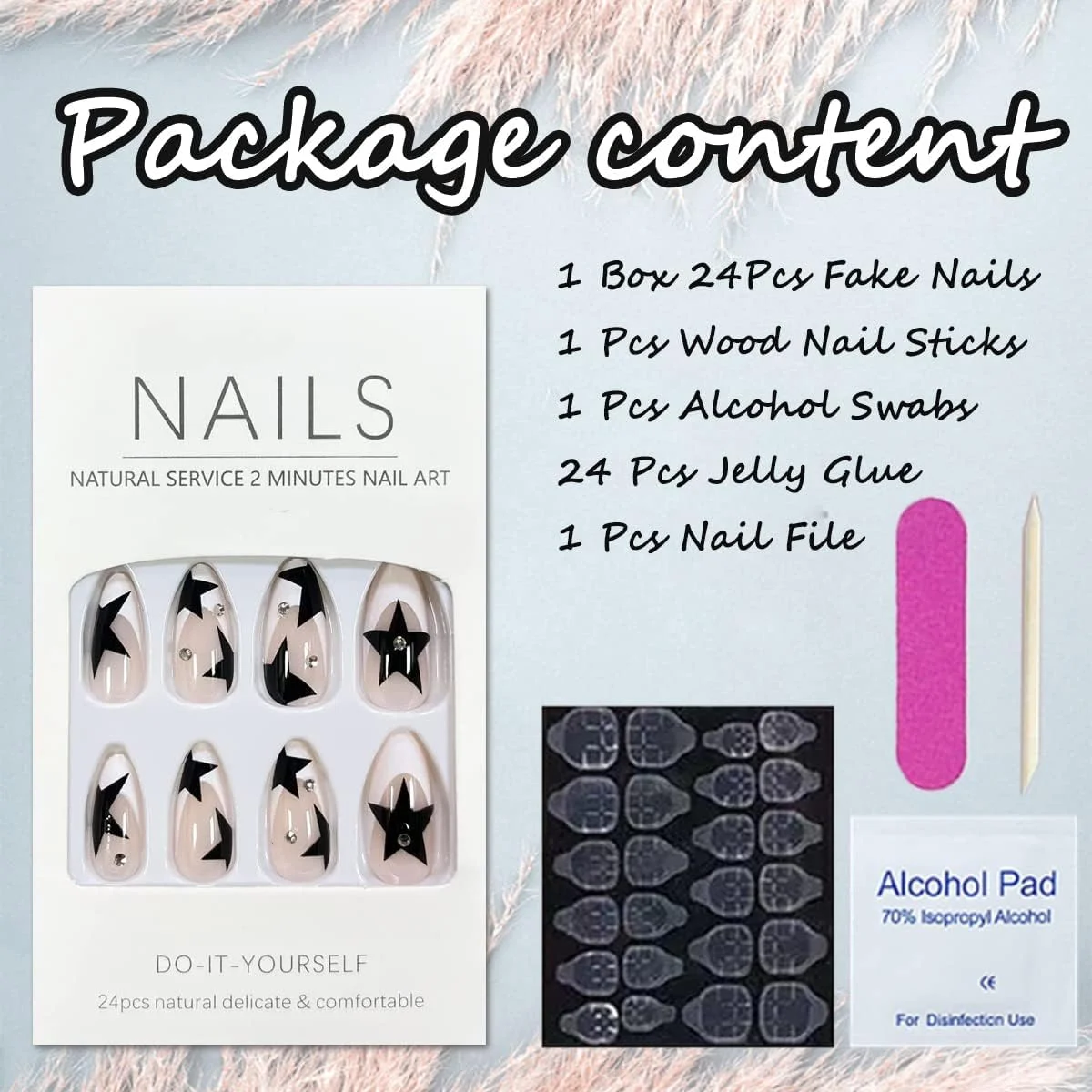 ناخن مصنوعی چسبی Azonee Star، 24 عدد، نوک فرانسوی متوسط، ناخن های مصنوعی بادامی شکل، ناخن های اکریلیک با طرح های نگین دار، پوشش کامل، نوک ناخن سفید، ناخن های مصنوعی براق چسبی