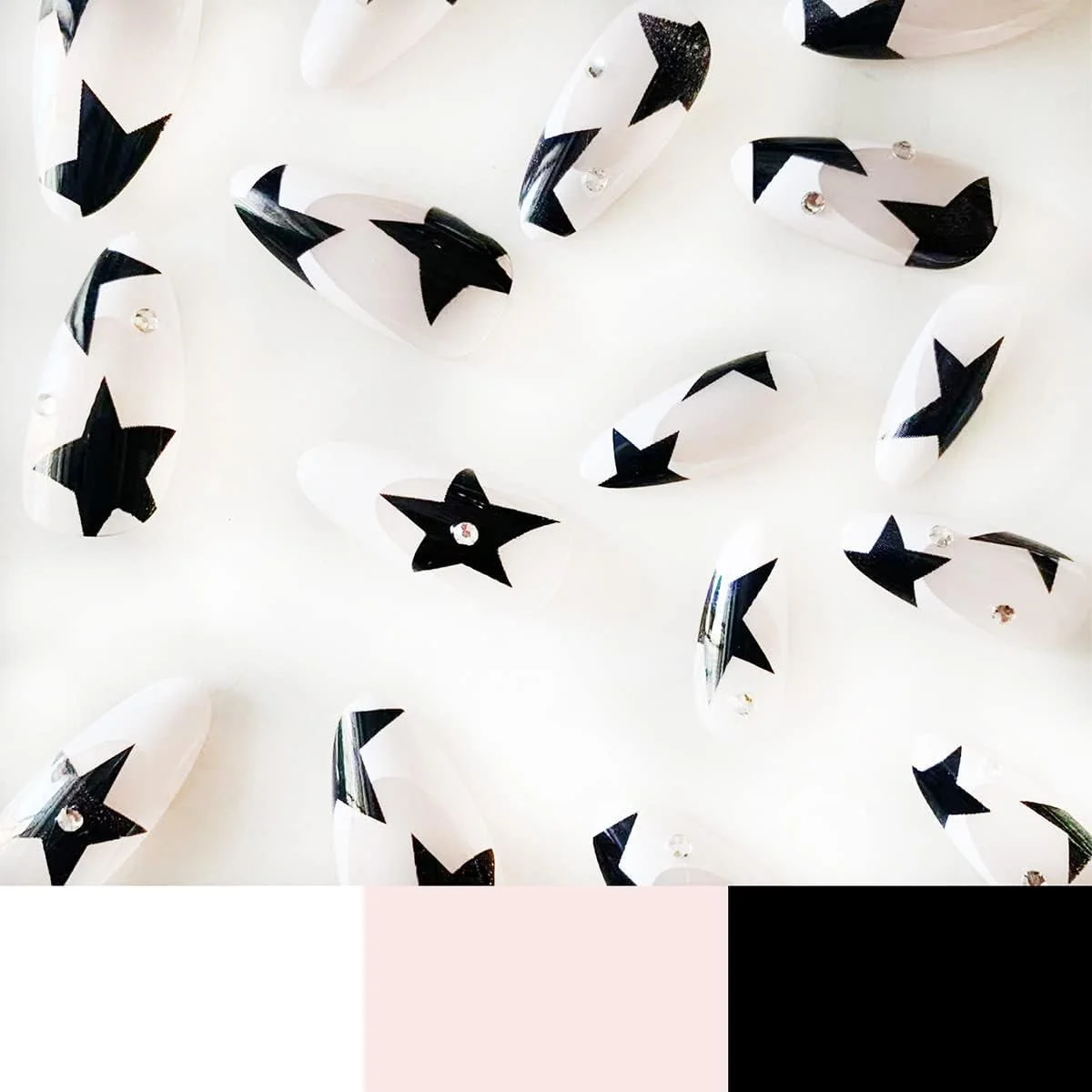 ناخن مصنوعی چسبی Azonee Star، 24 عدد، نوک فرانسوی متوسط، ناخن های مصنوعی بادامی شکل، ناخن های اکریلیک با طرح های نگین دار، پوشش کامل، نوک ناخن سفید، ناخن های مصنوعی براق چسبی