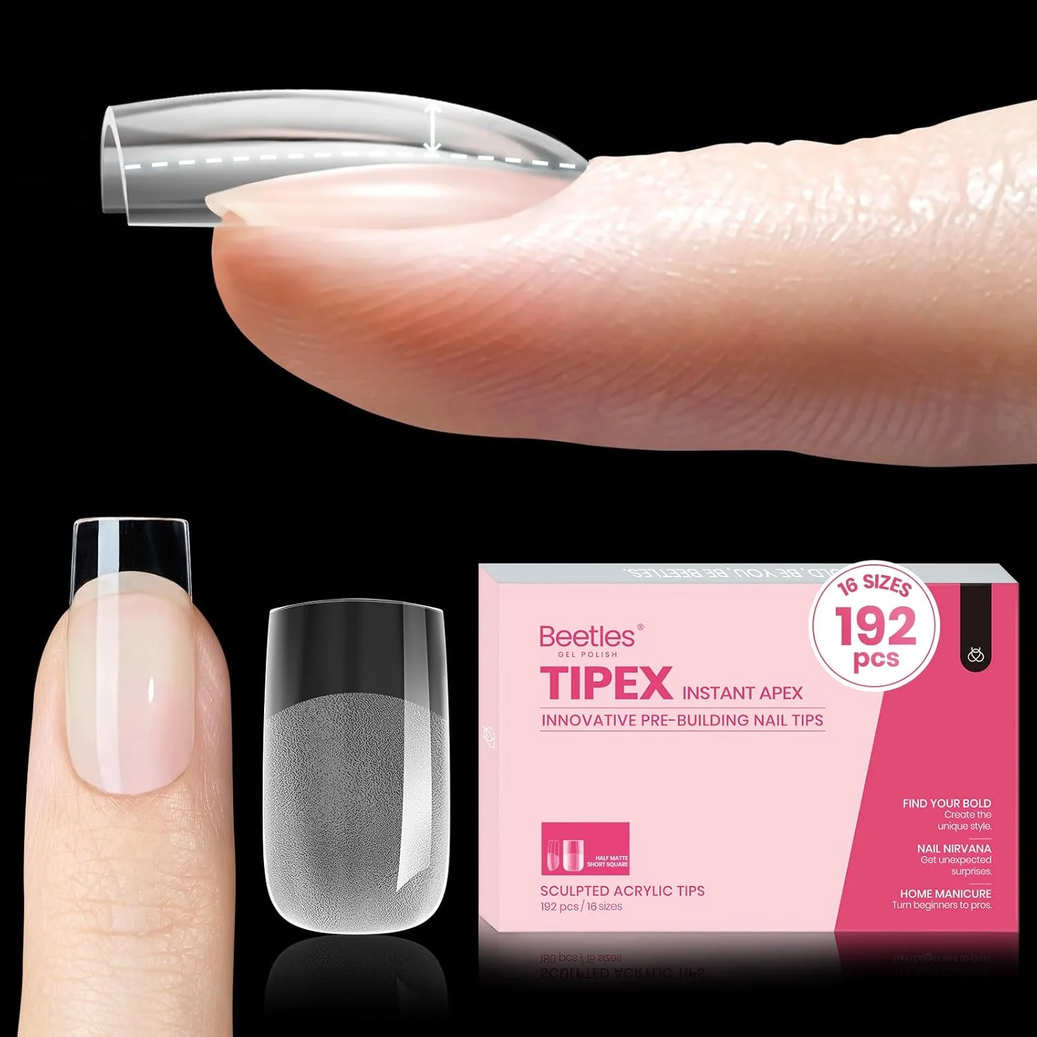 تیپ های ناخن فوری Beetles Tipex، ناخن های اکریلیک ضخیم تر از قبل ساخته شده و از قبل حکاکی شده مربعی کوتاه، ناخن های مصنوعی قوی با پوشش کامل، 192 عدد در 16 سایز