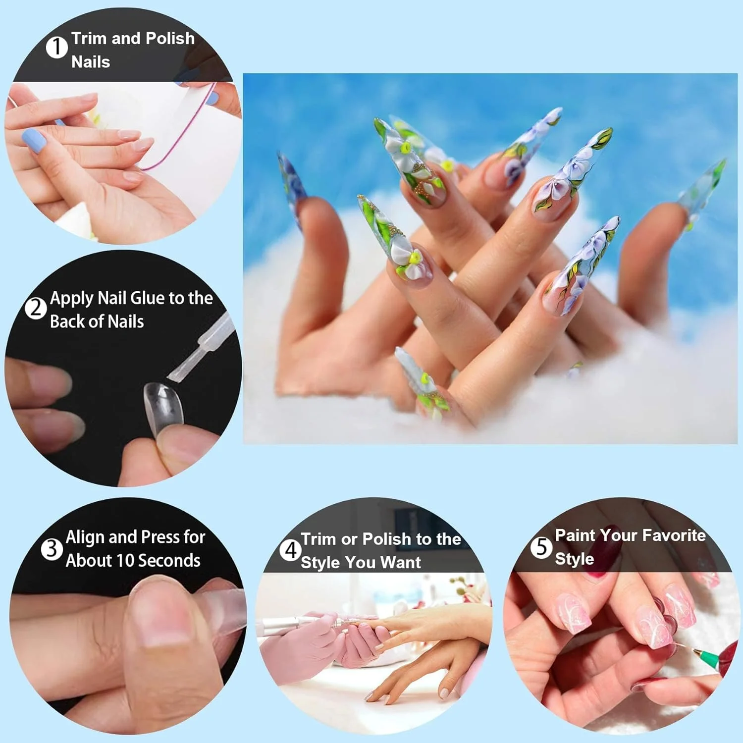 خزنه مانیکور، ۱۰۰۰ عدد تیپ ناخن بلند، ناخن های اکریلیک، ناخن های مصنوعی نیمه، ۱۰ سایز به همراه جعبه پلاستیکی شفاف برای سالن ناخن، فروشگاه ناخن، DIY، شفاف + طبیعی