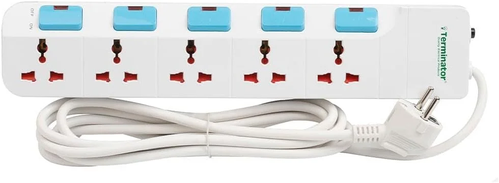 پریز برق 5 راهی یونیورسال با کلیدهای جداگانه، نشانگرهای LED، کابل 3 متری، دوشاخه 2 پین – محافظ برق قوی برای خانه، دفتر، لوازم الکترونیکی