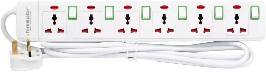سه راهی برق 6 خانه یونیورسال ترمیناتور مدل TPB 416N-3M با کلیدهای سبز جداگانه و نشانگرهای LED، دوشاخه 13 آمپر UK، بدنه ABS مقاوم در برابر آتش، کابل 3 متری - محافظ برق چند شاخه برای خانه و محل کار