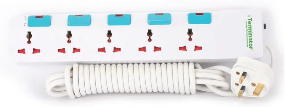 پریز برق 5 راهی یونیورسال با کلیدهای جداگانه، نشانگر LED، دوشاخه فیوزدار 13 آمپر، کابل 3 متری یا 5 متری - محافظ برق قوی برای خانه، دفتر، لوازم خانگی (طول کابل 5 متر)