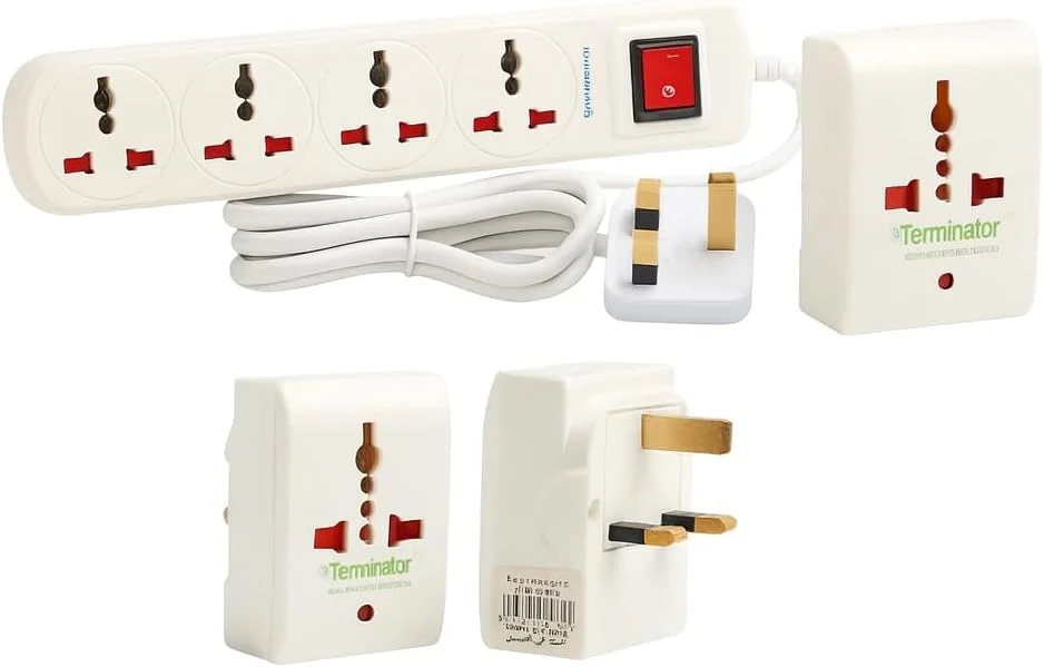 چهار راهی برق یونیورسال ترمیناتور با کابل 2 متری، کلید اصلی و نشانگر نئون، ABS مقاوم در برابر آتش، دوشاخه فیوزدار 13 آمپر نوع G + یک عدد تبدیل سه راهی رایگان مدل TMA 32B