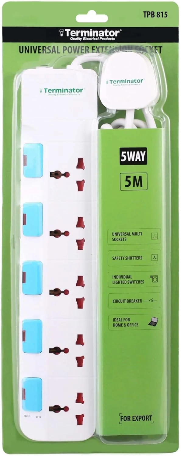 پریز برق 5 راهی یونیورسال با کلیدهای جداگانه، نشانگر LED، دوشاخه فیوزدار 13 آمپر، کابل 3 متری یا 5 متری - محافظ برق قوی برای خانه، دفتر، لوازم خانگی (طول کابل 5 متر)