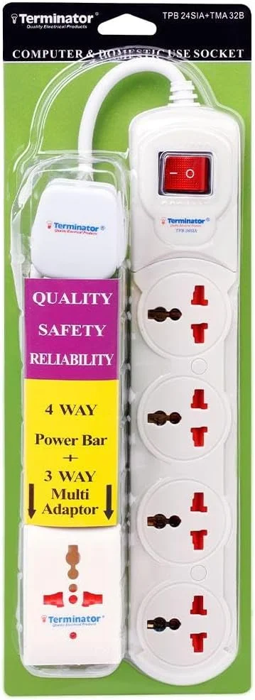 چهار راهی برق یونیورسال ترمیناتور با کابل 2 متری، کلید اصلی و نشانگر نئون، ABS مقاوم در برابر آتش، دوشاخه فیوزدار 13 آمپر نوع G + یک عدد تبدیل سه راهی رایگان مدل TMA 32B