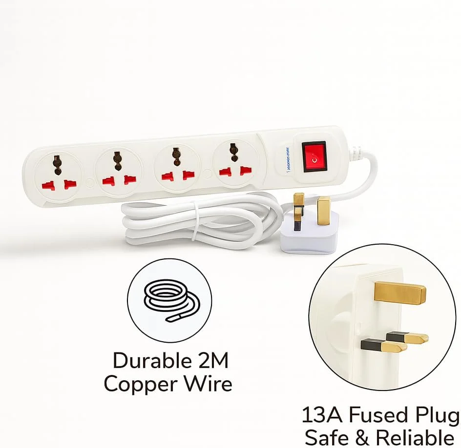 چهار راهی برق یونیورسال ترمیناتور با کابل 2 متری، کلید اصلی و نشانگر نئون، ABS مقاوم در برابر آتش، دوشاخه فیوزدار 13 آمپر نوع G + یک عدد تبدیل سه راهی رایگان مدل TMA 32B