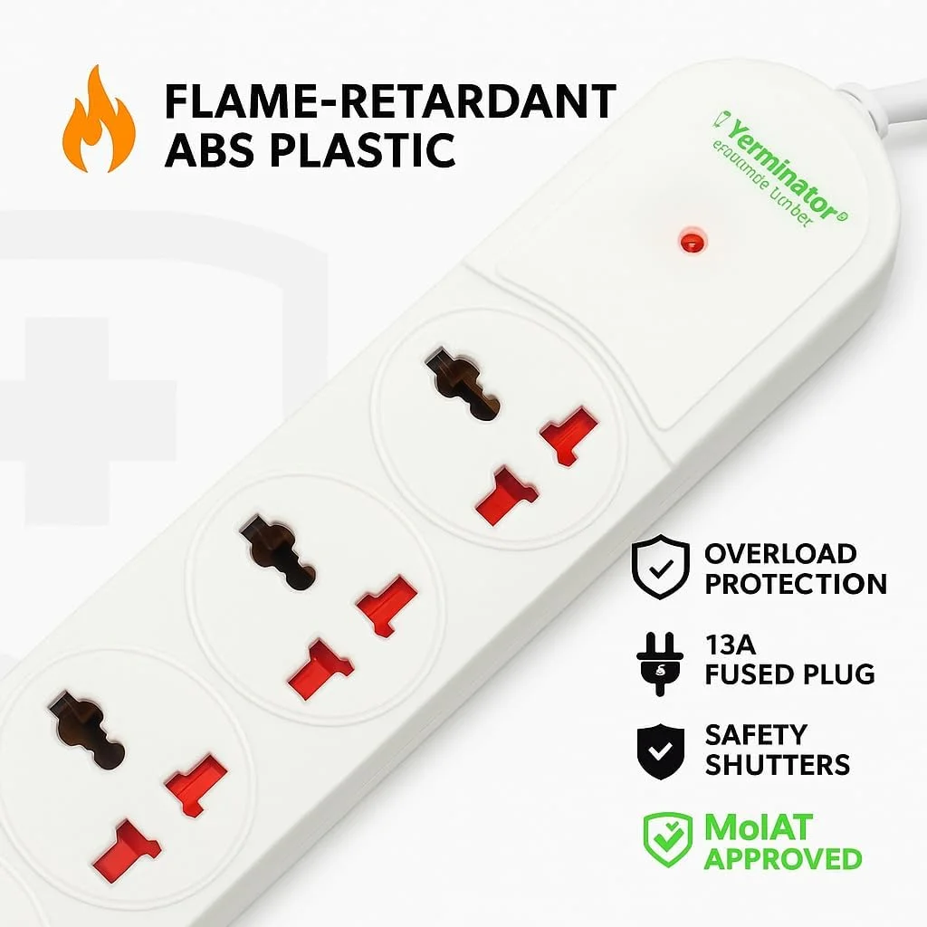 سه راهی برق یونیورسال ترمیناتور TPB 15A-3M، دارای تاییدیه MoIAT، کابل 3 متری، دوشاخه فیوزدار 13 آمپر UK، نشانگر LED، بدنه ABS مقاوم در برابر آتش، مناسب برای خانه، دفتر و لوازم خانگی