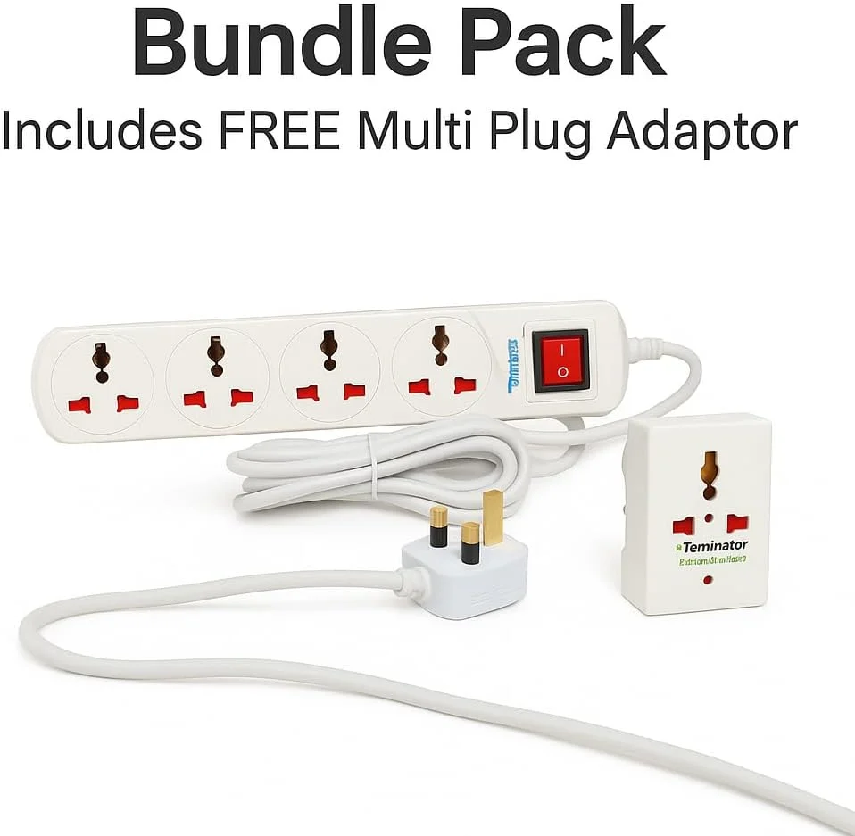 چهار راهی برق یونیورسال ترمیناتور با کابل 2 متری، کلید اصلی و نشانگر نئون، ABS مقاوم در برابر آتش، دوشاخه فیوزدار 13 آمپر نوع G + یک عدد تبدیل سه راهی رایگان مدل TMA 32B