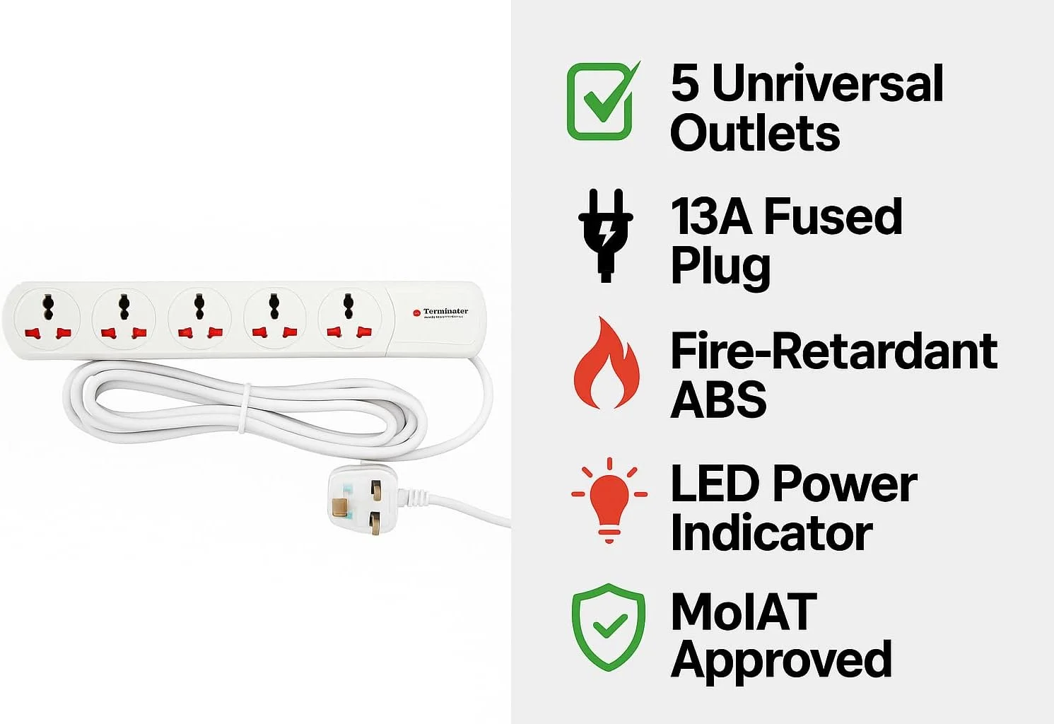 سه راهی برق یونیورسال ترمیناتور TPB 15A-3M، دارای تاییدیه MoIAT، کابل 3 متری، دوشاخه فیوزدار 13 آمپر UK، نشانگر LED، بدنه ABS مقاوم در برابر آتش، مناسب برای خانه، دفتر و لوازم خانگی