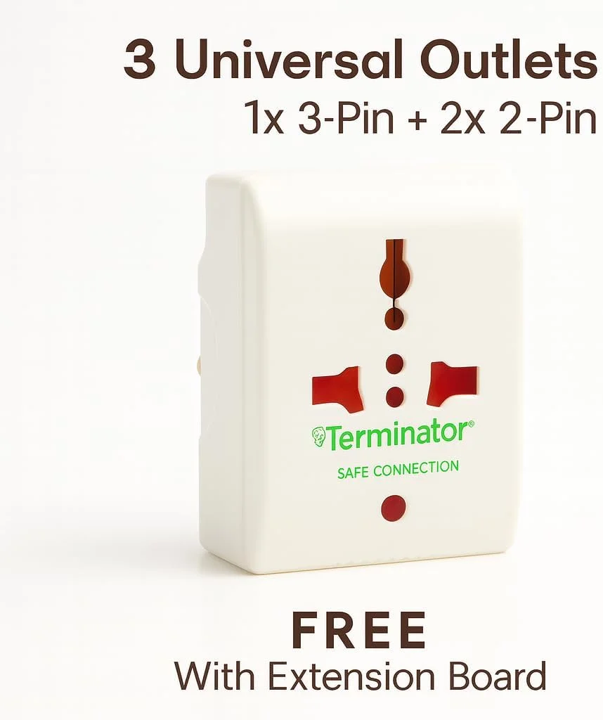 چهار راهی برق یونیورسال ترمیناتور با کابل 2 متری، کلید اصلی و نشانگر نئون، ABS مقاوم در برابر آتش، دوشاخه فیوزدار 13 آمپر نوع G + یک عدد تبدیل سه راهی رایگان مدل TMA 32B