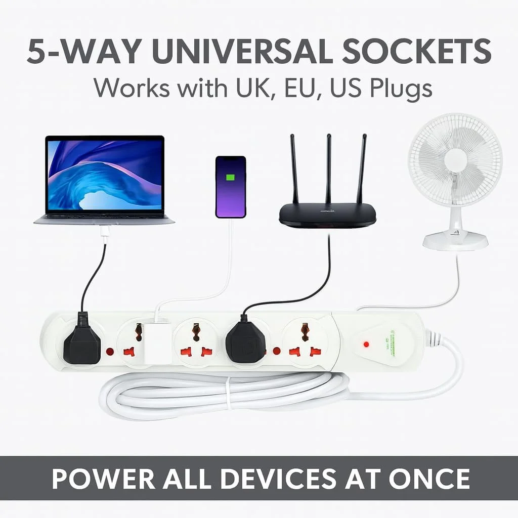 سه راهی برق یونیورسال ترمیناتور TPB 15A-3M، دارای تاییدیه MoIAT، کابل 3 متری، دوشاخه فیوزدار 13 آمپر UK، نشانگر LED، بدنه ABS مقاوم در برابر آتش، مناسب برای خانه، دفتر و لوازم خانگی