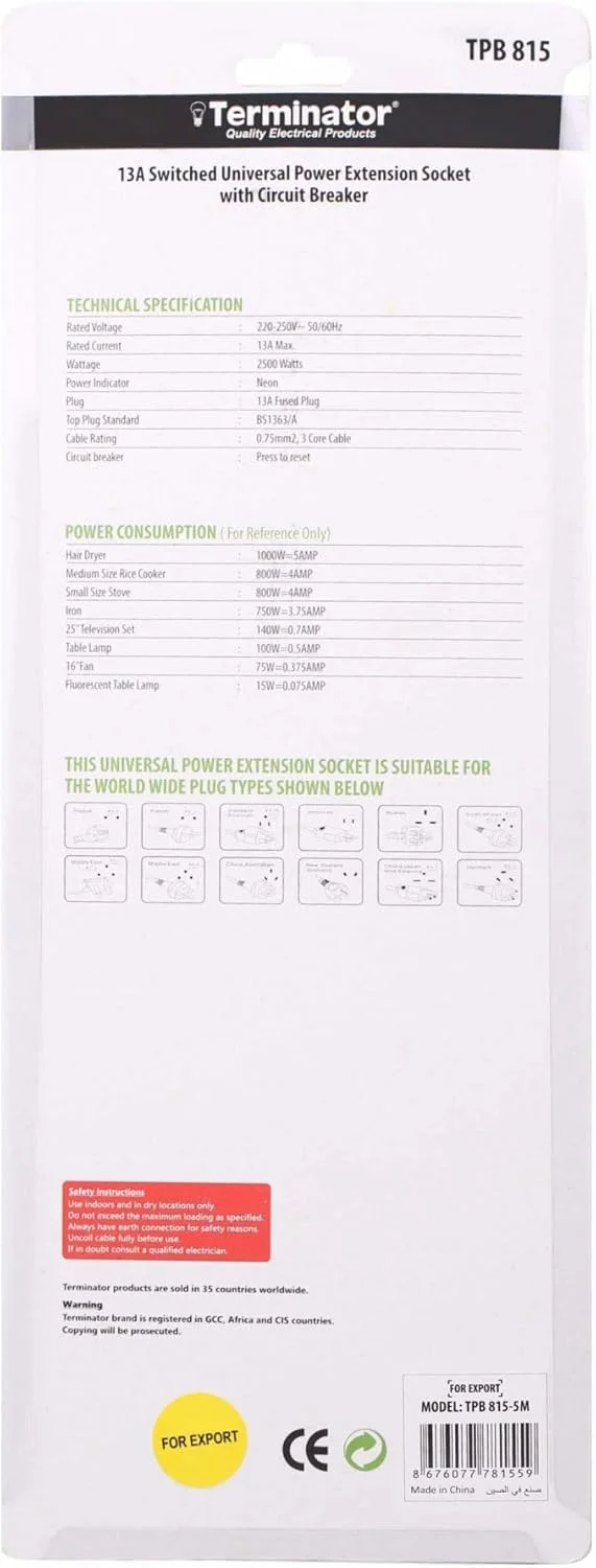 پریز برق 5 راهی یونیورسال با کلیدهای جداگانه، نشانگر LED، دوشاخه فیوزدار 13 آمپر، کابل 3 متری یا 5 متری - محافظ برق قوی برای خانه، دفتر، لوازم خانگی (طول کابل 5 متر)