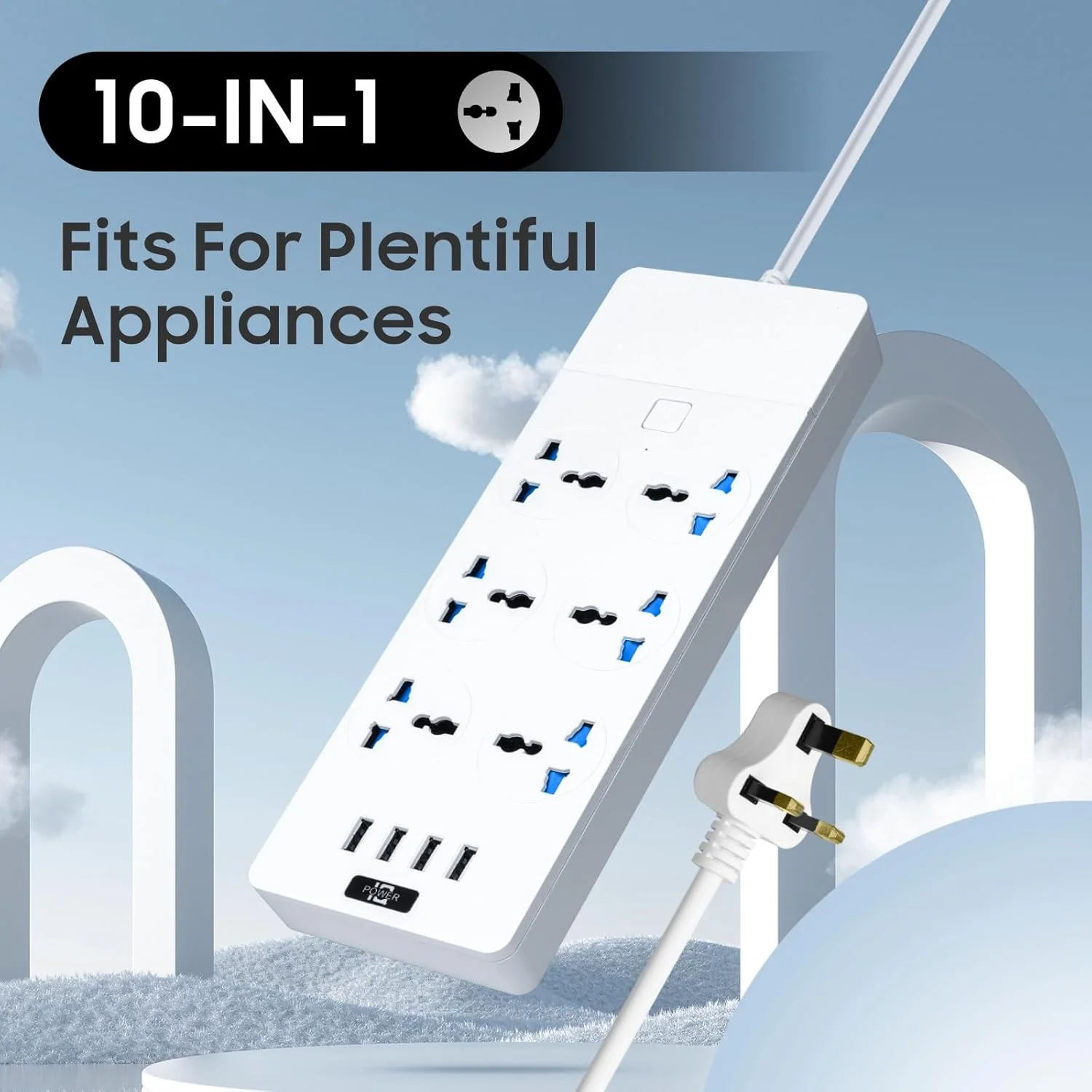 سیم سیار یونیورسال Baytion، با 6 پریز سه پین UK و 4 پورت USB، نوار برق 2 متری با محافظت در برابر نوسانات برق برای آشپزخانه، خانه و محل کار (سفید)