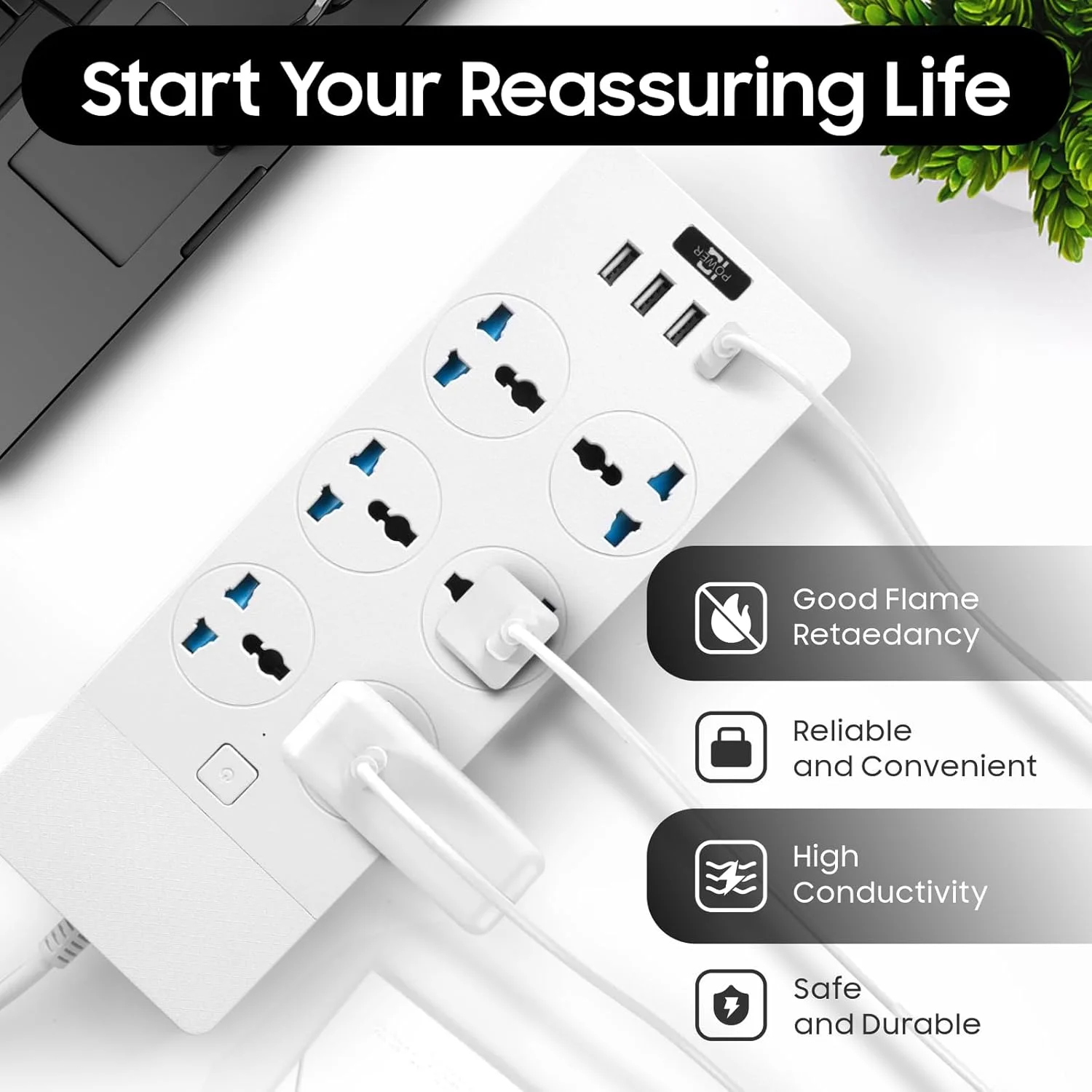 سیم سیار یونیورسال Baytion، با 6 پریز سه پین UK و 4 پورت USB، نوار برق 2 متری با محافظت در برابر نوسانات برق برای آشپزخانه، خانه و محل کار (سفید)