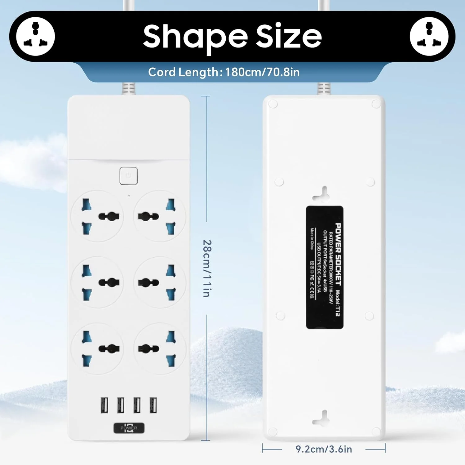 سیم سیار یونیورسال Baytion، با 6 پریز سه پین UK و 4 پورت USB، نوار برق 2 متری با محافظت در برابر نوسانات برق برای آشپزخانه، خانه و محل کار (سفید)