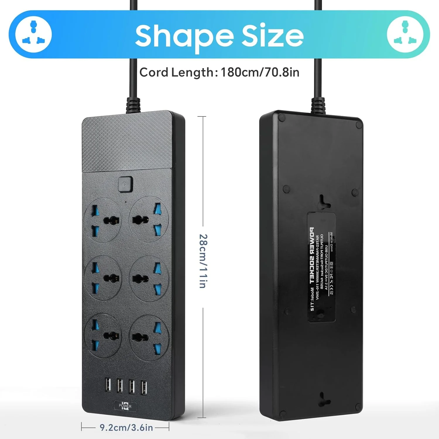 سیم سیار یونیورسال Baytion، با 6 پریز برق سه پین و 4 پورت USB، نوار برق 2 متری با محافظت در برابر نوسانات برق برای آشپزخانه، خانه و محل کار (مشکی)